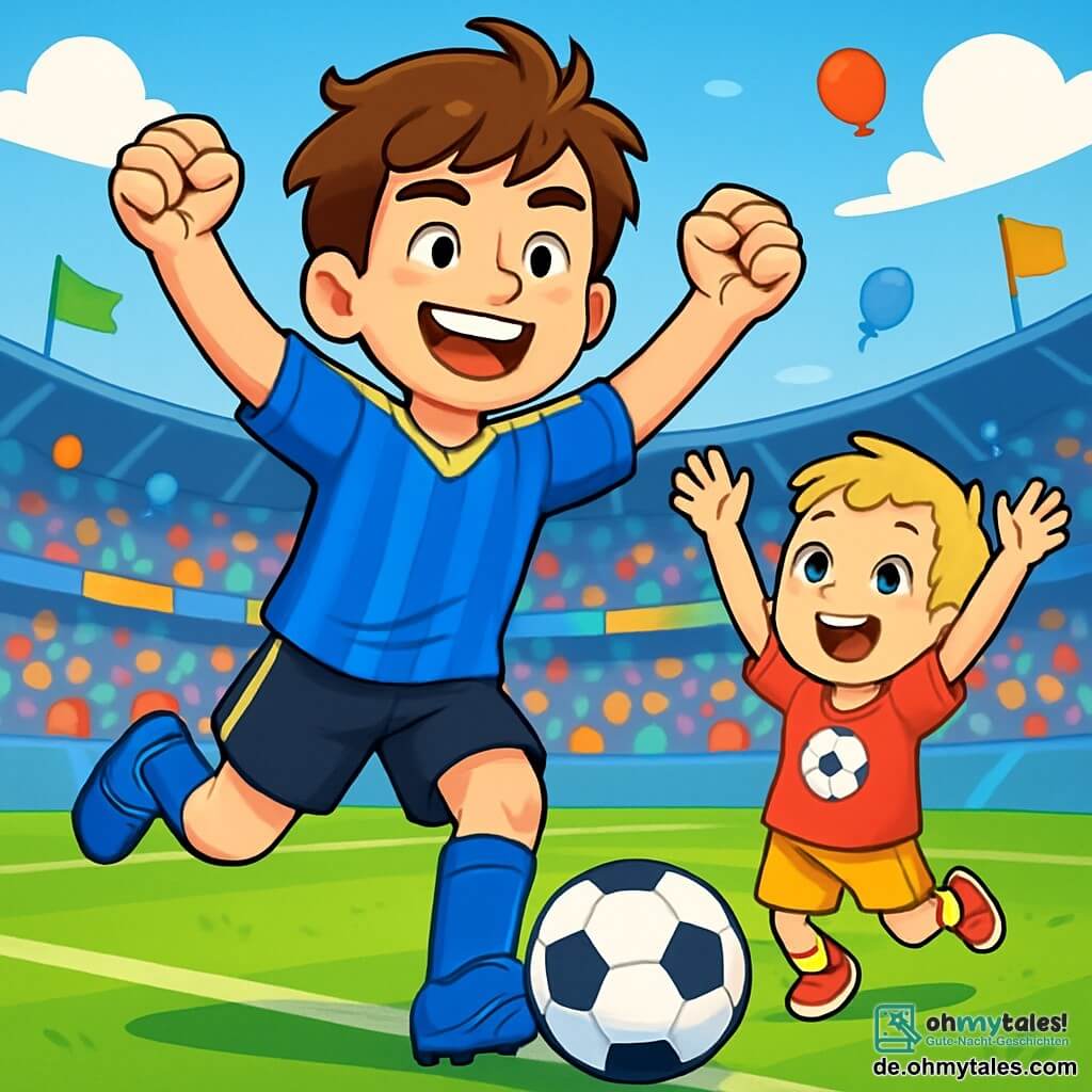 Ein junger Mann, Leon, steht im Mittelpunkt des Bildes, mit einem breiten Lächeln, das Freude und Entschlossenheit ausstrahlt. Er trägt ein blaues Fußballtrikot mit gelben Streifen, eine schwarze Shorts und glänzende Sportschuhe. Seine braunen Haare sind leicht zerzaust, und seine Augen funkeln vor Aufregung, während er ein Tor feiert. Neben ihm steht ein etwa 8-jähriger Junge namens Emil mit weit aufgerissenen Augen vor Glück. Er hat kurze blonde Haare und trägt ein rotes T-Shirt mit einem gezeichneten Fußball. Emil hebt die Arme in die Luft, springt vor Freude und steht direkt neben Leon, bewundernd seinen Helden. Der Hintergrund zeigt ein großes Fußballstadion, gefüllt mit begeisterten Zuschauern. Die Tribünen sind bunt, mit wehenden Fahnen und Luftballons, während das Spielfeld leuchtend grün und perfekt gemäht ist, mit gut markierten weißen Linien. Die Hauptsituation zeigt Leon, der sein entscheidendes Tor feiert, umgeben von der Energie und Aufregung des Spiels, während Emil, sein junger Fan, seine Freude und Bewunderung für sein Idol ausdrückt, was eine Atmosphäre von Glück und Erfolg schafft.