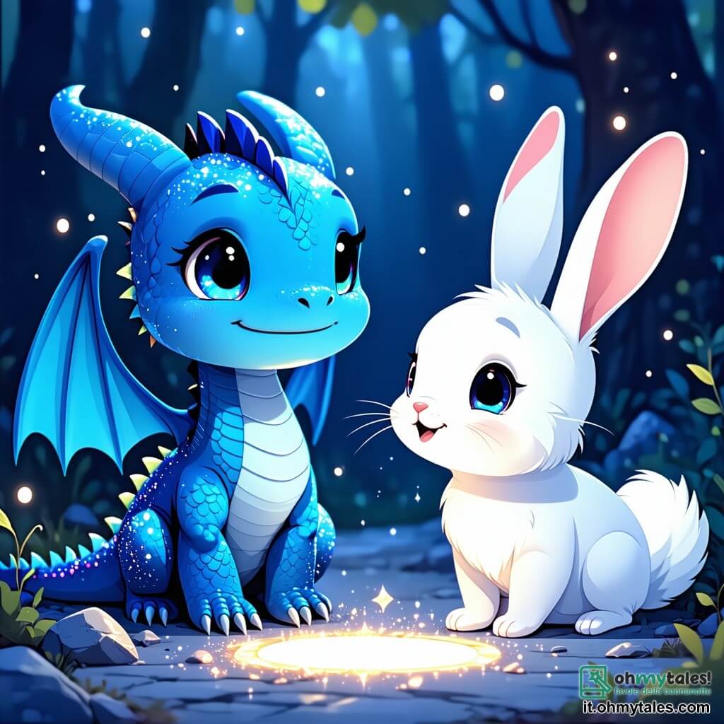 Al centro dell'immagine, un piccolo drago blu di nome Luno, con grandi occhi brillanti e squame scintillanti, esprime grande curiosità guardando un cerchio luminoso che brilla davanti a lui. Sta battendo le ali con entusiasmo, pronto ad avventurarsi. A destra, un adorabile coniglio bianco di nome Fifi, con lunghe orecchie e un sorriso gioioso, osserva il cerchio con occhi spalancati, mostrando la sua eccitazione. A sinistra, una tartaruga verde di nome Toto, con un guscio colorato e un'espressione saggia, guarda Luno con un sorriso incoraggiante, rimanendo leggermente in disparte per sostenerlo. Lo sfondo è una foresta incantata, con alberi maestosi dalle foglie dorate e fiori colorati che brillano sotto la luce del sole. In lontananza, un cielo azzurro chiaro con alcune nuvole soffici aggiunge un tocco di magia alla scena. La situazione principale mostra Luno, Fifi e Toto pronti a entrare nel cerchio luminoso, simboleggiando il loro viaggio nel tempo, pieni di eccitazione e anticipazione per l'avventura che li attende.