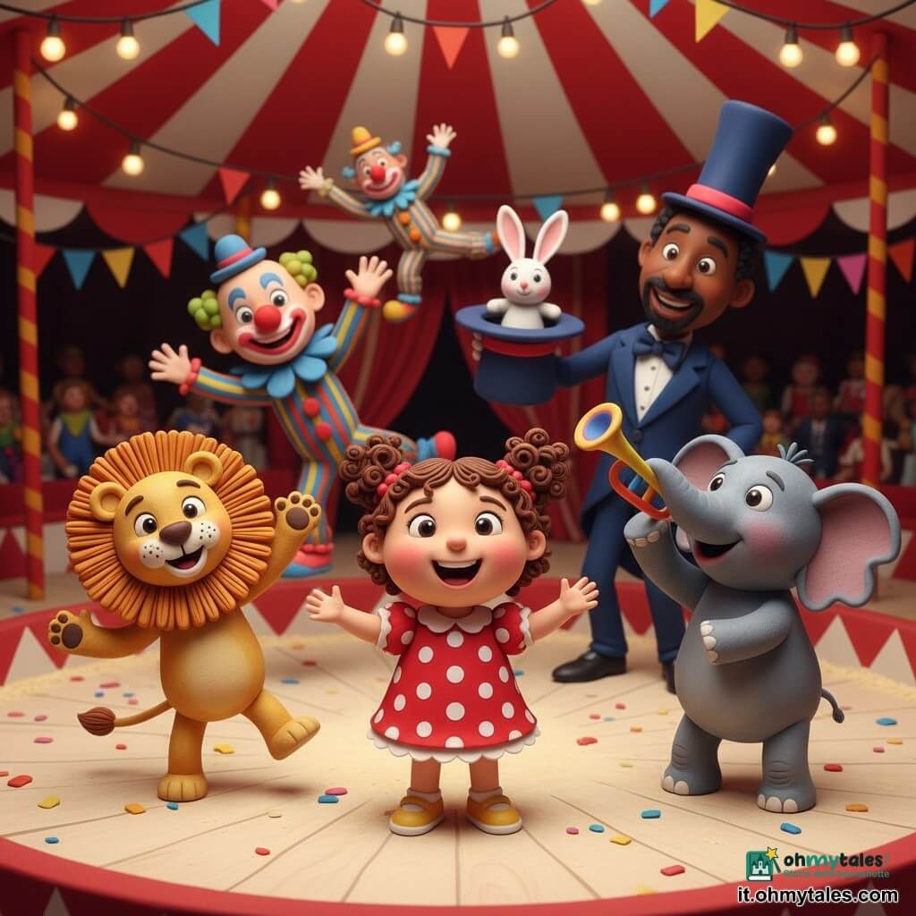 Bambina di 2 anni al centro, felice e meravigliata, sorriso ampio, occhi brillanti, due codine sui capelli castani ricci, veste rossa a pois bianchi e piccole scarpe gialle, tende le mani come a dirigere lo spettacolo; a sinistra un leone antropomorfo dal pelo dorato e criniera morbida tipo pasta modellabile, in piedi su due zampe che danza con una zampa alzata, espressione gioiosa; a destra un elefante grigio con proboscide sollevata che suona una tromba colorata, pelle testurizzata, occhi grandi e orecchie larghe; dietro la bambina due clown adulti uomini con trucco colorato e costumi rigati e cappelli buffi che fanno capriole; leggermente più indietro un mago adulto uomo con costume blu notte e alto cappello a punta che tiene un cappello da cui spunta un coniglietto bianco, sorridente; interno di un grande tendone da circo a righe rosse e bianche con luci calde sospese, pista circolare in legno chiaro e segatura chiara, festoni colorati e coriandoli a terra; scena centrale collettiva e gioiosa, colori vivaci, texture da pasta modellabile, atmosfera calda e giocosa.