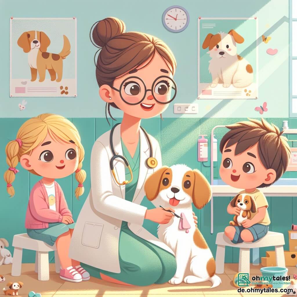 Dr. Mia ist eine lächelnde Tierärztin in ihren dreißigern, mit braunen Haaren zu einem Dutt gebunden und runden Brillen. Sie trägt einen weißen Kittel mit kleinen Tiermotiven und untersucht einen kleinen Hund namens Max, der besorgt, aber gerührt schaut. Anna, ein 8-jähriges Mädchen mit blonden Zöpfen, beobachtet neugierig mit weit aufgerissenen Augen und hält ein hundeförmiges Spielzeug in den Händen. Ben, ein 7-jähriger Junge mit zerzausten braunen Haaren, steht neben ihr, lächelt begeistert und stellt Dr. Mia Fragen. Die Szene spielt in einem hellen Untersuchungsraum einer Tierklinik mit pastellgrünen Wänden, Plakaten gesunder Tiere und verstreuten Tier-Spielzeugen auf dem Boden. Ein Fenster lässt Sonnenlicht herein, das den Raum erhellt. Dr. Mia behandelt Max, der ein tränendes Auge hat, und reinigt es mit einem Wattebausch, während Anna und Ben fasziniert zuschauen und lernen, wie man sich um Tiere kümmert.