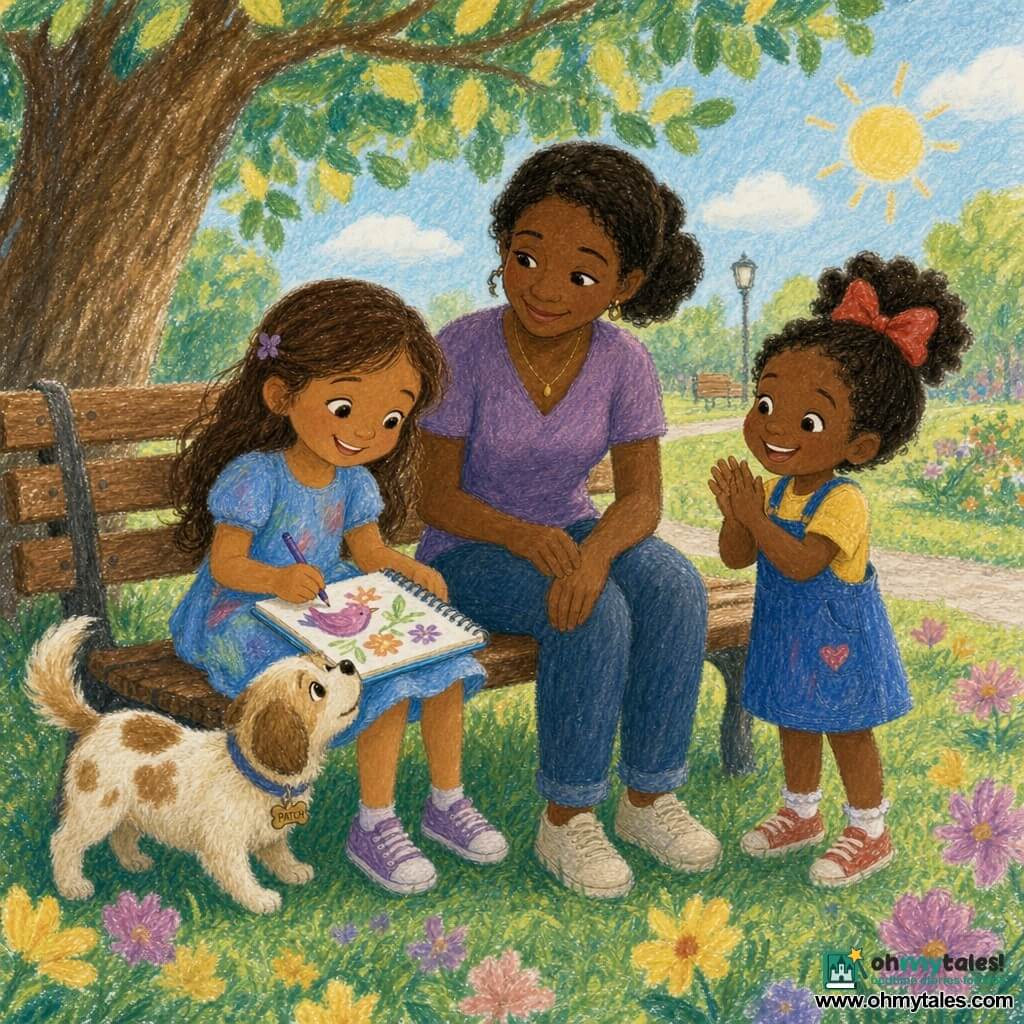 Maya, a smiling focused 6-year-old with a brown lock of hair and a crayon-stained soft blue dress, sits under a round-leaved tree drawing birds and flowers in a small blue notebook on her lap; her mother, about 30, hair tied and with a gentle face, sits on a worn wooden bench beside her with hands on her knees and a kind look, while a 5-year-old friend with curly hair and a big red bow stands nearby clapping and Patch, a small beige-and-white spotted dog, wags his tail and sniffs the notebook at the tree base; the scene is a sunny morning park with green grass dotted with yellow and mauve flowers, pastel blue sky, soft shade, warm light, and the notebook filled with colorful sketches and visible pencil lines.