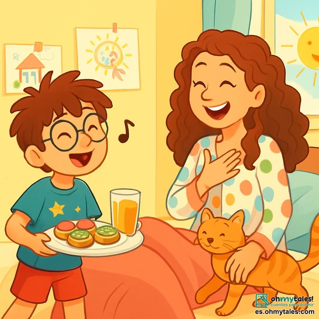 Un niño de 8 años, Nico, con cabello castaño despeinado y gafas redondas, sonríe con ojos brillantes de alegría. Lleva una camiseta azul con estrellas y un short rojo, sosteniendo un plato lleno de pequeñas tostadas y un vaso de jugo de naranja. A su lado, su mamá, una mujer de unos 35 años, con cabello largo y rizado, lleva un pijama colorido y ríe al descubrir el desayuno sorpresa. Ella está sentada en la cama, rodeada de cojines suaves. La habitación es luminosa, con paredes pintadas de amarillo pastel, dibujos de niños colgados y un gran sol brillando a través de la ventana. La escena principal muestra a Nico, orgulloso y un poco nervioso, cantando una canción inventada para su mamá, mientras Cebolla, el gato, se desliza entre sus piernas, añadiendo un toque de travesura a este momento tierno.