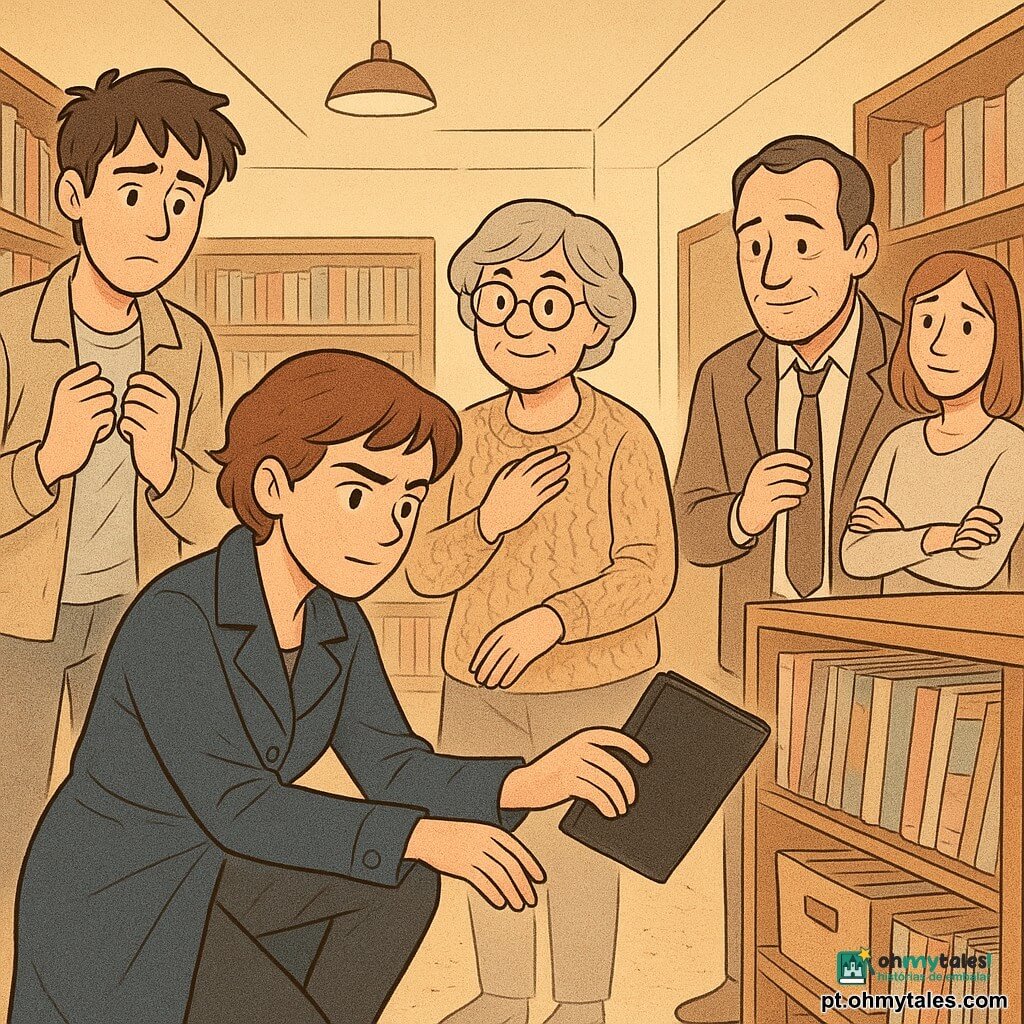 Marta, detetive de cabelo castanho curto e sobretudo azul-marinho, segura um caderno preto tirado de uma gaveta oculta com expressão determinada e calma; Ivo, adolescente de ~17 anos, olha com culpa e alívio; Teresa, ~60 anos, de óculos e colete tricotado, sorri agradecida com a mão no peito; Nuno, ~45 anos, de fato simples e gravata folgada, observa pensativo apoiado numa estante; Joana, ~28 anos, braços cruzados e constrangida, está junto às impressoras; tudo ocorre num corredor acolhedor de biblioteca com estantes de madeira e revistas amareladas, luz suave, momento de descoberta do caderno, devolução e perdão, tensão dissolvendo-se em solidariedade, cores pastel e texturas de papel visíveis.