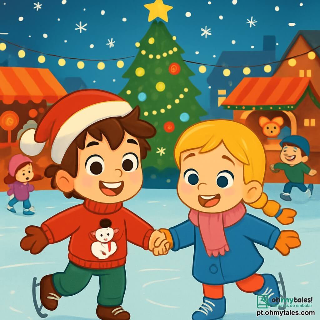 Um menino de 6 anos, chamado Gabriel, com cabelos castanhos bagunçados e grandes olhos brilhantes, sorri alegremente enquanto segura a mão de uma menina. Ele usa um suéter vermelho de lã com um boneco de neve e um gorro de Natal. Ao seu lado, Sofia, uma menina de 6 anos com cabelos loiros trançados e um rosto sorridente, veste um casaco azul e um cachecol rosa. Eles patinam juntos em uma pista de patinação cercada por luzes cintilantes e decorações de Natal. O local é uma charmosa praça de vila, com uma grande árvore de Natal iluminada no centro, flocos de neve caindo suavemente e barracas coloridas de mercado de Natal ao redor, cheias de doces e brinquedos. A cena principal mostra Gabriel e Sofia rindo e caindo alegremente no gelo, cercados por outras crianças se divertindo, criando uma atmosfera festiva e acolhedora.