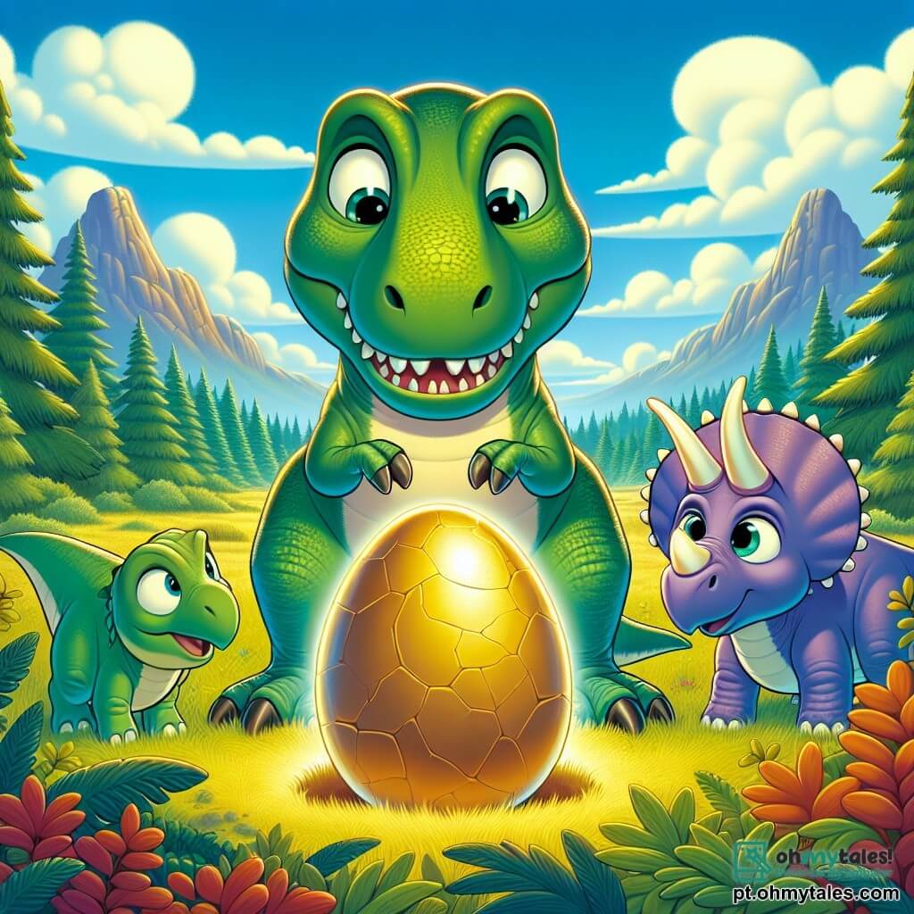Um jovem Tyrannossauro Rex, com escamas verdes brilhantes e olhos grandes e curiosos, está no centro da imagem, exibindo uma expressão de maravilha e excitação ao descobrir um ovo misterioso que brilha com uma luz dourada. À sua direita, um tricerátopo amigável, com três chifres na testa e escamas de cor azul clara, observa o ovo com um olhar intrigado, enquanto à sua esquerda, um diplodoco de pescoço longo, com escamas roxas, se inclina para ver melhor, seus grandes olhos brilhando de entusiasmo. O cenário é uma vasta planície verdejante, salpicada de grandes árvores de troncos grossos e arbustos coloridos, sob um céu azul claro com algumas nuvens brancas fofas. Ao longe, majestosas montanhas se erguem, acrescentando um toque de grandeza à paisagem. A cena principal mostra Rex, Trica e Dippy reunidos ao redor do ovo misterioso, seus olhares cativados pela luz dourada que emana da casca, enquanto uma aura de magia e aventura paira no ar, prometendo descobertas incríveis.