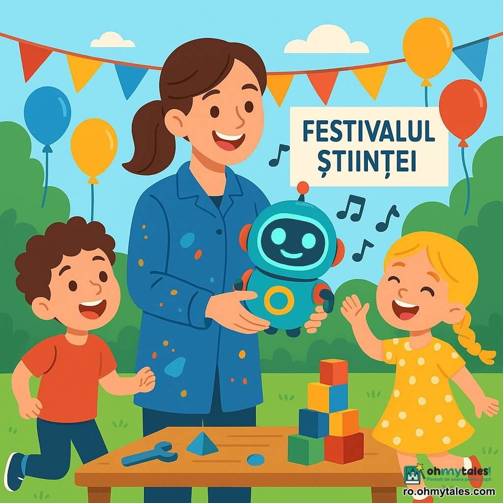 Ana, inventatoare zâmbitoare cu păr castaniu prins în coadă de cal, halat de lucru albastru pătat de vopsea, ține un mic robot și îl prezintă copiilor; Roboșel, robot rotund și colorat cu un mare zâmbet LED și ochi turcoaz strălucitori, emite note muzicale și stă pe o masă de lemn în fața Anei; un băiat de 7 ani cu păr creț și tricou roșu sare uimit la stânga, iar o fetiță de 6 ani în rochie galbenă cu buline și cu o împletitură blondă dansează și râde la dreapta privind Roboșel; parc luminos cu iarbă verde, ghirlande colorate, baloane și o panglică „Sărbătoarea Științei”, masă de lemn cu unelte și cuburi stivuite; demonstrație veselă: robotul spune o poveste și cântă în timp ce copiii construiesc un turn de cuburi, râsete și culori vii; stil grafic plat, forme simple, paletă saturată și contrastantă, contururi clare, atmosferă caldă și dinamică.