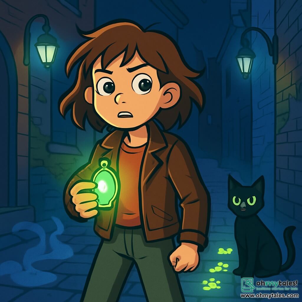 A 12-year-old girl, Iris, with messy brown hair and sparkling curious eyes, stands in a dark alley, her heart racing, with a determined expression on her face. She wears a worn leather jacket and canvas pants, and in her hand, she clutches a glowing locket that emits a soft green light. Nearby, a black cat with bright eyes watches Iris, its ears perked up, as if it knows something she doesn't. This seemingly ordinary cat appears to be a mysterious guide in her adventure. The scene takes place in a narrow alley in Ironvale, where the bricks are covered in moss and the streetlights cast a bluish light, creating dancing shadows. Wisps of mist rise from the ground, enveloping the damp cobblestones and adding a mystical atmosphere to the surroundings. Intrigued and a bit anxious, Iris follows glowing footprints appearing on the ground, wondering if they will lead her to answers about her mother's disappearance or to hidden danger in the darkness.