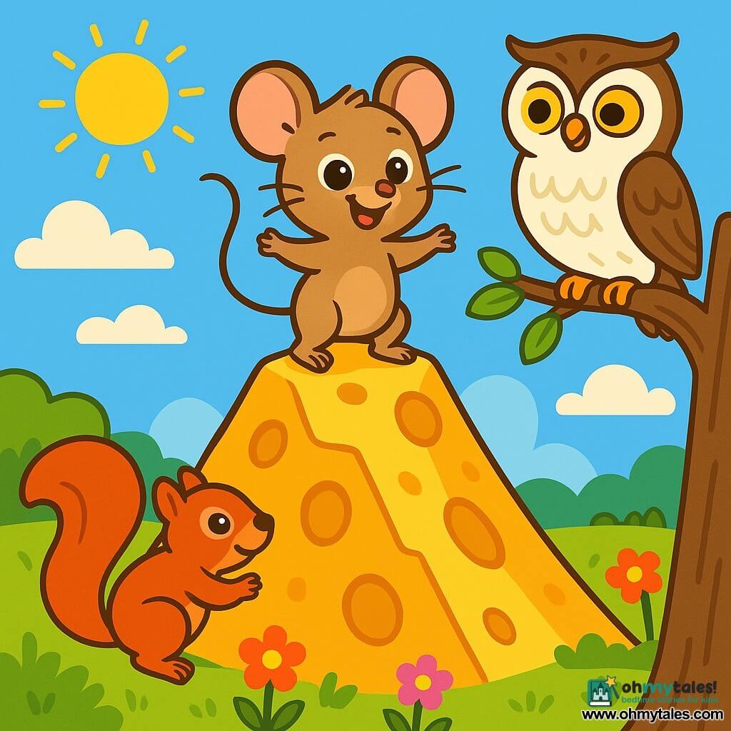 A little mouse named Milo, with soft and silky light brown fur, stands bravely at the top of a golden cheese mountain, his big eyes shining with excitement and determination. He has delicate little paws and twitching whiskers as he looks around with a delighted smile. Next to him, a majestic owl with white and brown feathers, perched on a tree branch, observes the scene wisely, its round curious eyes fixed on Milo. Below, a bright red squirrel with a bushy tail climbs a tree, watching Milo with admiration and encouragement. The setting is a majestic cheese mountain sparkling in the sun, surrounded by lush meadows and colorful flowers dancing in the wind. The sky is a brilliant blue, dotted with fluffy white clouds. The main scene shows Milo, the little mouse, triumphantly at the top of the cheese mountain, ready to savor his victory, while the owl and the squirrel encourage him with expressions of pride and friendship.