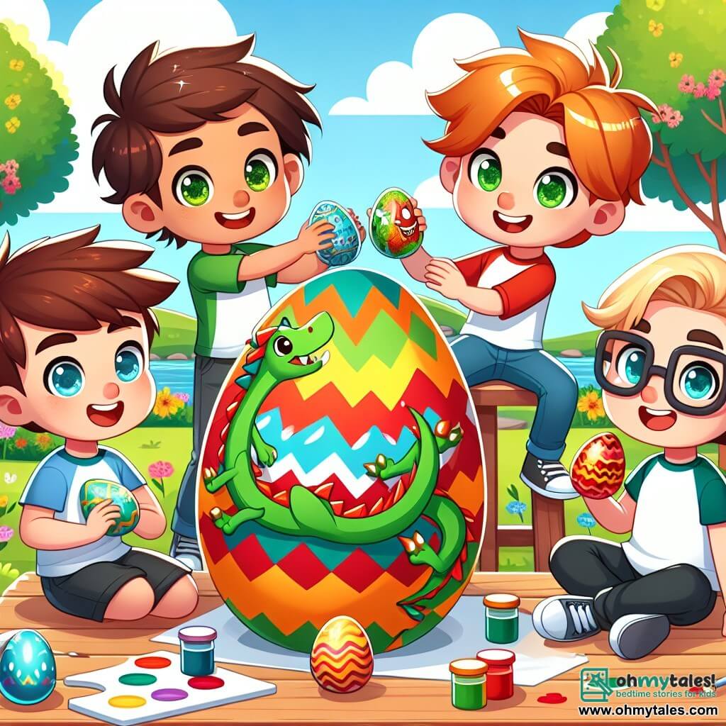 In a sunny park, four seven-year-old boys are gathered around a large wooden table covered in colorful paint and Easter decorations. Sam, a boy with brown hair and sparkling eyes, stands on the left holding a dragon-shaped decorated egg with green and red scales. Jake, a blonde boy with a big smile, is on the right making a face while showing his multicolored egg that looks like a rainbow. Leo, a boy with brown hair and glasses, sits in the center, focused on his treasure map-decorated egg with a large red "X." Max, a boy with black hair and bright eyes, crouches next to Leo, holding a blue and yellow egg with a big superhero "S." In the background, the park is filled with colorful flowers, lush trees, and a clear blue sky dotted with fluffy white clouds. The boys are laughing and having fun, sharing ideas for decorating their eggs for a friendly competition, while an adorable bunny named Benny watches them with a joyful smile, adding a touch of magic to this festive scene.