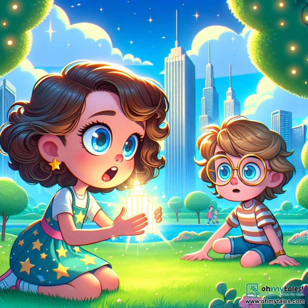 An 8-year-old girl, Elara, with big bright eyes and curly chestnut hair, expresses immense curiosity and wonder as she holds a strange glowing device in her hands. She wears a colorful dress adorned with star patterns and stands on a soft carpet of green grass. Next to her, her best friend Finn, an 8-year-old boy with messy blond hair and round glasses, looks at the device with fascination. He wears a striped t-shirt and shorts, crouching with his hands on his knees, ready to approach Elara. Their adventure takes place in a sunny park in the city of Glimmerstone, surrounded by majestic trees with shimmering leaves. In the background, futuristic skyscrapers with shiny facades can be seen against a bright blue sky dotted with fluffy clouds. The main scene shows Elara and Finn discovering the mysterious device that projects a holographic map, illuminating their faces with a magical glow as they stand in the heart of their wondrous city.