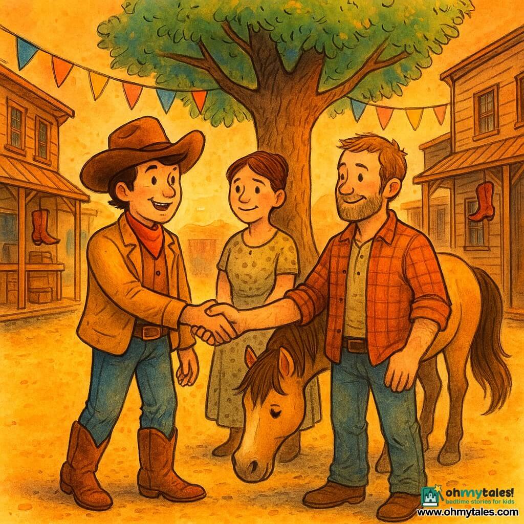 Sam, a smiling confident cowboy with a wide brown hat, light leather jacket and shiny boots, reaches out to shake a neighbor's hand; a woman, the merchant of about 40 with chestnut hair in a bun and a simple patterned dress, smiles shyly near the trunk of a large oak; a rancher in his mid‑30s with a light beard and plaid shirt stands beside her, arms relaxed, looking relieved at Sam; a horse named Star with a glossy mane and flowing tail stands calmly to Sam's left, muzzle near his leg; setting: a small Wild West town square with golden dusty ground, wooden storefronts, a central oak, colorful flags and boots on porches, low sun and orange sky; main scene: Sam gathers the townspeople under the oak at sunset, friendly gestures, faces shifting from sadness to smiles, warm peaceful atmosphere.