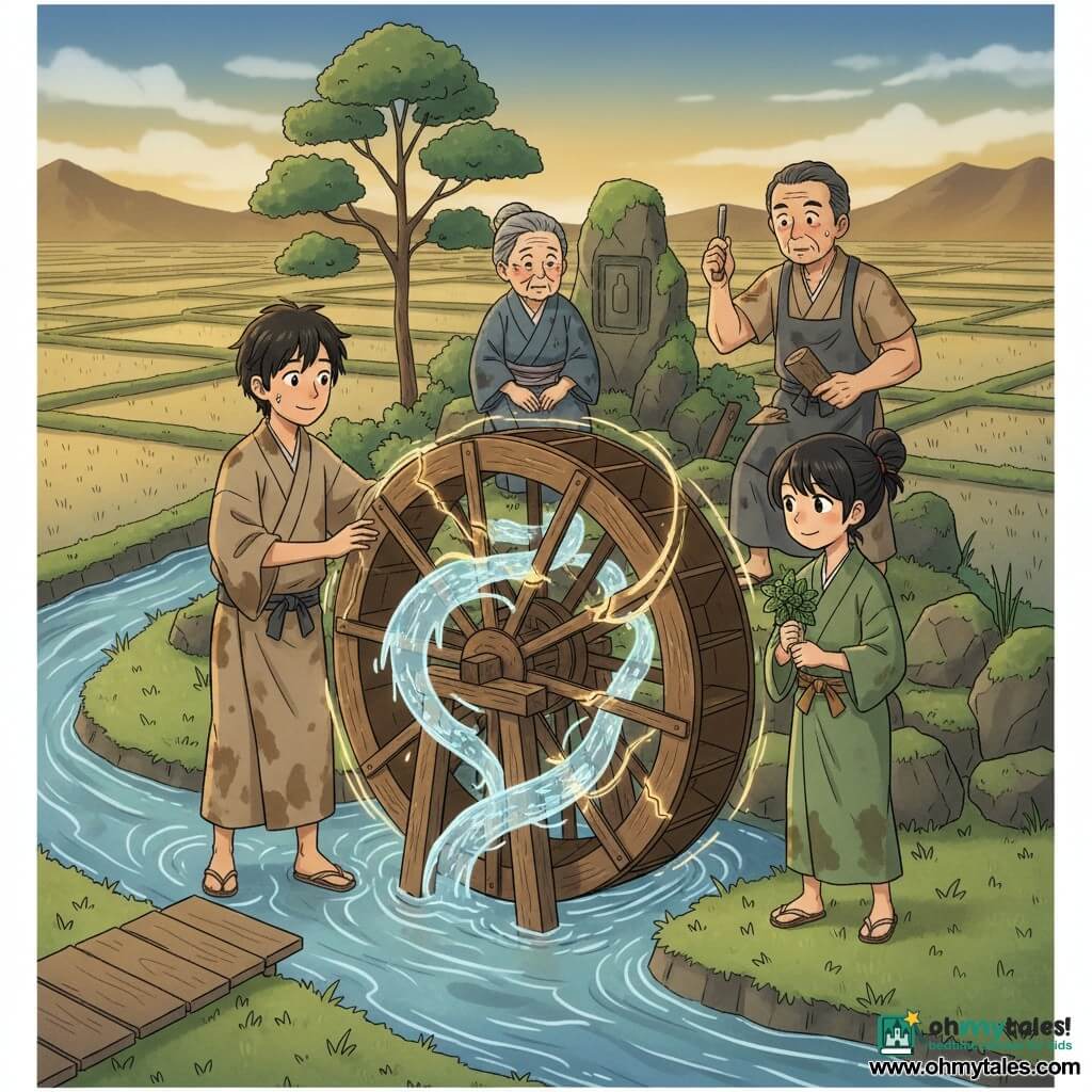 Haru, a young man (about 18–20) with a gentle, focused face and messy black hair, wearing a simple beige kimono stained with dirt, rests a hand on the large wooden waterwheel and gazes in wonder with bright eyes and a humble, protective posture; Mei, a teenage girl (about 16) with black hair in a loose bun and a green herbalist outfit, stands to his right holding a small bunch of mint leaves, smiling determinedly at the wheel; Oba Sumi, an elderly woman (about 75) with wrinkled skin and a worn indigo kimono, sits or crouches near shrine stones in the background watching calmly and wisely; Old Jiro, an older man (about 60–65) with a sturdy build and a stained carpenter’s apron, stands behind the group holding a chisel and a fresh piece of wood, surprised but moved. The scene is a stream bank in a traditional Japanese village: an ancient massive wooden waterwheel with cracked paddles, clear shimmering water, terraced rice fields reflecting the sky, a plank walkway, shrine stones and a large sakaki tree; golden dusk light and bluish reflections on the water. Main action: everyone sings together as the repaired wheel begins to turn, small translucent luminous water sprites rise in spirals from the current around the axle, filigree light seals the cracks, creating a magical, communal atmosphere of joy, wonder and shared emotion on every face.