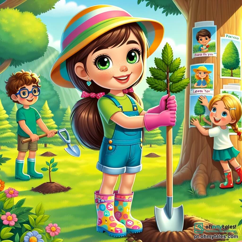 Em primeiro plano, uma menina de 8 anos, Clara, com longos cabelos castanhos presos em um rabo de cavalo, sorri alegremente. Ela usa um chapéu de sol colorido e botas de chuva, segurando uma pequena pá nas mãos, pronta para plantar uma jovem árvore. Seus olhos brilham de empolgação e determinação. Ao lado dela, Lucas, um menino de 9 anos com cabelos cacheados e um rosto brincalhão, está cavando um buraco com uma pequena pá. Ele veste uma camiseta verde e um short, e olha para Clara com um sorriso cúmplice. Um pouco mais longe, Sofia, uma menina de 8 anos com óculos e cabelos loiros trançados, pendura cartazes coloridos nas árvores, exibindo mensagens sobre ecologia. Ela parece concentrada e feliz. O local é um parque verdejante, cheio de árvores majestosas e flores vibrantes. O sol brilha em um céu azul claro, e é possível ver pássaros voando alegremente acima. Crianças brincam ao fundo, e famílias passeiam pelos caminhos. A cena principal mostra Clara e seus amigos em plena ação, plantando árvores e limpando o parque, cercados de risos e uma atmosfera de camaradagem, ilustrando seu compromisso em proteger o meio ambiente.