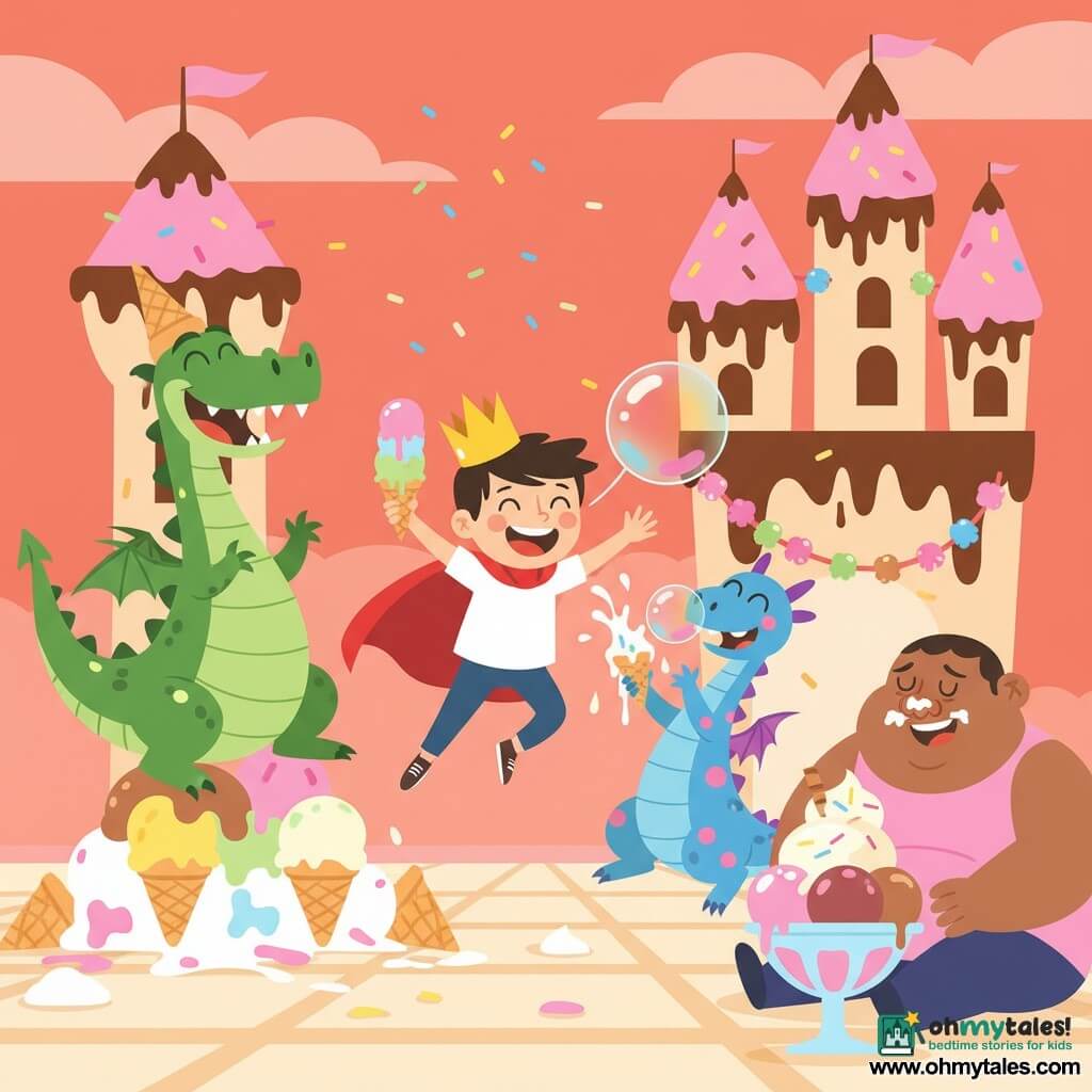 Prince Percy, a smiling cheerful boy wearing a bright red cape and a slightly crooked crown, holds a dripping ice cream cone and jumps for joy; Wubble, a tall green scaled dragon looking awkward and laughing, stands left on a pile of cones wearing an ice-cream-cone hat; Splosh, a blue dragon with pink spots, sprays whipped cream laughing and blows a colorful ice bubble behind Percy; Grumble, a stocky round caramel-skinned giant with cream on his nose and an embarrassed grin, sits right by a giant sundae; the scene is an Italian Ice Castle with cone towers, melted chocolate walls, candy garlands, glossy frosting floor and a pink-orange sky, depicting a noisy joyful ice-cream party with bright colors, simple shapes and a playful poster-like composition.