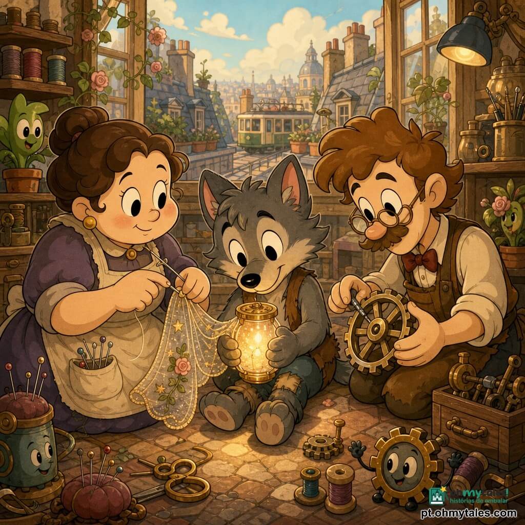 Um pequeno lobo antropomórfico de rosto doce e olhos claros, com colete gasto e patas finas, sentado no chão e sorrindo timidamente enquanto segura um pequeno frasco de vidro que emite uma luz quente e trêmula; à sua esquerda uma costureira humana, de corpo arredondado e cabelo em coque com agulhas no avental, bordando suavemente uma capa translúcida para o frasco; à direita, um fabricante de brinquedos de cabelos desgrenhados e óculos de latão ajusta delicadamente um engrenagem e segura uma roda metálica brilhante; tudo acontece num ateliê no telhado com chão de azulejos gastos, janelas mansardadas abertas para telhados-jardim, prateleiras de bobinas e ferramentas, plantas em vasos e um bonde distante sob um céu em tons pastéis, transmitindo cooperação silenciosa e acolhedora enquanto mãos se reúnem em torno do frasco luminoso entre fios e engrenagens, numa luz dourada e sombras dançantes.