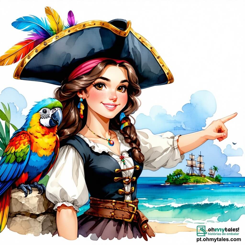 A cena mostra a Capitã Sofia, uma mulher pirata corajosa de cerca de 30 anos, com longos cabelos castanhos ao vento, usando um chapéu de pirata adornado com penas coloridas. Ela tem um olhar determinado e um sorriso confiante enquanto segura um velho pergaminho em uma mão, apontando para uma ilha mágica ao longe. Ao seu lado, Loro, o papagaio, um pássaro colorido com penas verdes e amarelas, voa alegremente ao seu redor, cantando melodias animadas. Um pouco atrás, Pedro, um marinheiro musculoso de cerca de 25 anos, com uma barba ruiva e um bandana vermelho, ajusta as velas do navio, concentrado em sua tarefa. Rita, uma gentil cozinheira de cerca de 28 anos, com cabelos negros em coque e um avental colorido, prepara biscoitos de coco no convés, sorrindo para os outros. O local é um magnífico navio pirata, o "Vento Forte", navegando em águas turquesa sob um céu ensolarado, com ondas cintilantes e palmeiras verdinhas visíveis no horizonte. A situação principal mostra a Capitã Sofia descobrindo o velho pergaminho que revela a localização de um tesouro escondido em uma ilha misteriosa, cercada por seus amigos, prontos para uma nova aventura.