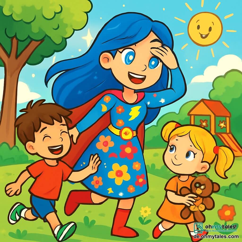 Blitzella, eine Superheldin mit langen, leuchtend blauen Haaren und strahlenden Augen wie Sterne, lächelt fröhlich, während sie mit Kindern in einem sonnigen Park spielt. Sie trägt ein buntes Blumenkleid und wirkt voller Leben und Energie. Ein etwa 7-jähriger Junge mit zerzausten braunen Haaren und einem roten T-Shirt lacht, während er um sie herumrennt, während ein 6-jähriges Mädchen mit blonden Zöpfen und einem Plüschbären Blitzella bewundernd anblickt. Der Park ist grün, mit majestätischen Bäumen, bunten Blumen und Kindern, die auf Schaukeln und Rutschen spielen. Der Himmel ist blau mit ein paar flauschigen weißen Wolken, und die Sonne scheint fröhlich. Die Hauptsituation zeigt Blitzella, die lachend Verstecken mit den Kindern spielt, und schafft eine Atmosphäre von Glück und Freundschaft, während ein sanfter Lichtschimmer um sie herum funkelt und an ihre Superheldenkräfte erinnert.