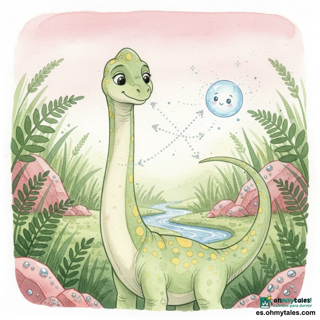 Un diplodocus largo y dócil, de cuello muy largo y escamas verde claro con motas amarillo pálido, mira con curiosidad y suavidad, ojos grandes y brillantes y leve sonrisa; su cola se mece y sobre ella flota una pequeña burbuja-luz azul, translúcida y alegre, que emite un brillo tenue y traza en el aire tres senderos luminosos punteados; no hay humanos; al fondo un pequeño arroyo plateado con reflejos azules en una valle matinal con cielo rosa pálido, hierbas altas verdes, grandes helechos en silueta y rocas rosadas con pequeñas piedras brillantes; situación principal: el diplodocus duda ante las tres direcciones luminosas, ambiente tranquilo y mágico, composición centrada en el vínculo entre la burbuja y el hocico del diplodocus.