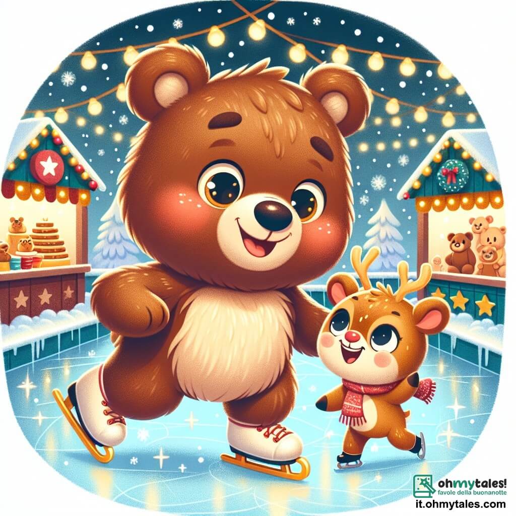 Un adorabile orso di peluche di nome Bruno, con un morbido pelo marrone e occhi brillanti, sorride gioiosamente mentre pattina su una pista di ghiaccio scintillante, circondato da fiocchi di neve che cadono dolcemente. Accanto a lui, una piccola renna di nome Rina, con un pelo dorato e corna delicate, ride di felicità, le sue guance rosa illuminate dall'eccitazione, mentre scivola graziosamente sul ghiaccio. Sullo sfondo, un mercato di Natale animato è decorato con ghirlande luminose colorate, con stand che vendono biscotti di Natale, giocattoli di legno e bevande calde, creando un'atmosfera festosa e accogliente. La scena cattura il momento magico in cui Bruno e Rina si divertono insieme, condividendo risate e gioia, simboleggiando lo spirito del Natale e l'amicizia.