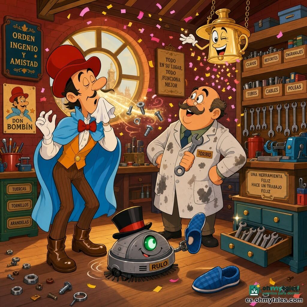 Un hombre llamado Don Bombín, sonriente y cauteloso, con un gran bombín rojo, capa celeste y botas marrón, estornuda suavemente haciendo volar tornillos con un soplo luminoso; Toribio, adulto de unos 50 años, rostro redondo y con bigote, viste una bata gris manchada de aceite, sostiene una llave inglesa junto a una gran caja de herramientas y mira a Don Bombín con alivio; Rulo, un robot aspirador pequeño y redondo con sombrero negro y ojo verde, lleva un zapatito azul junto a las estanterías; una lámpara colgante antropomórfica dorada parpadea sonriendo dejando caer confeti rosa y amarillo sobre una mesa de taller; el taller es cálido y desordenado con paredes de ladrillo rojo, estantes de madera con cajas, herramientas colgadas, una gran ventana circular con luz dorada y tuercas y tornillos en el suelo; escena del instante tranquilo tras restablecer el orden: confeti cayendo, herramientas ordenándose casi mágicamente, expresiones alegres, gestos medidos, paleta viva y contrastada, rasgos redondeados y contornos nítidos en estilo cartoon años 90.