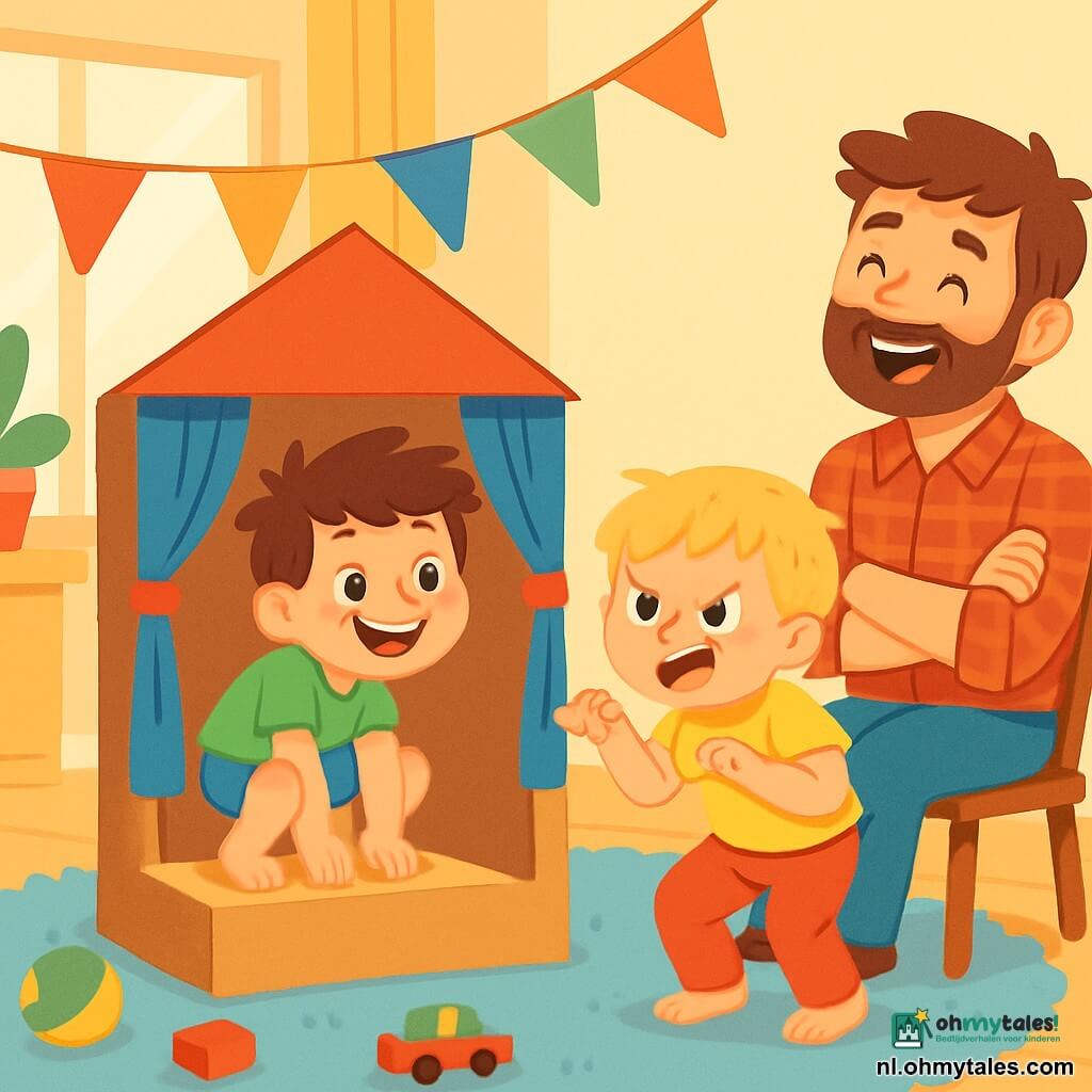 Er zijn 3 personages: - Mats: een jongen van 6 jaar, met messy bruin haar en sprankelende ogen. Hij draagt een felgroen t-shirt en een blauwe short. Hij staat op het geïmproviseerde podium, springend als een kikker, met een grote glimlach op zijn gezicht. - Tijn: een jongen van 5 jaar, met blond haar en roze wangen. Hij is gekleed in een gele t-shirt en een rode broek. Hij staat naast Mats, doet een leeuwenpose met een grappige uitdrukking. - Papa: een man van ongeveer 30 jaar, met kastanjebruin haar en een lichte baard. Hij draagt een geruite shirt en een spijkerbroek. Hij zit op een stoel, lacht luid, met gekruiste armen, trots kijkend naar zijn zonen. De scène speelt zich af in een gezellige woonkamer, met pastelgele muren. Een groot, zacht tapijt ligt op de vloer en speelgoed ligt verspreid. Zacht licht filtert door de gordijnen, wat een vrolijke sfeer creëert. Een klein kartonnen theater staat in het midden, versierd met kleurrijke sjaals die als gordijnen dienen. De hoofdsituatie toont Mats en Tijn in volle gang met hun mini-theater voor Vaderdag. Mats springt als een kikker, terwijl Tijn doet alsof hij een leeuw is, beiden lachend en zich vermakend. Papa, zittend op de eerste rij, applaudisseert met een grote glimlach, omringd door speelgoed en feestelijke decoraties.