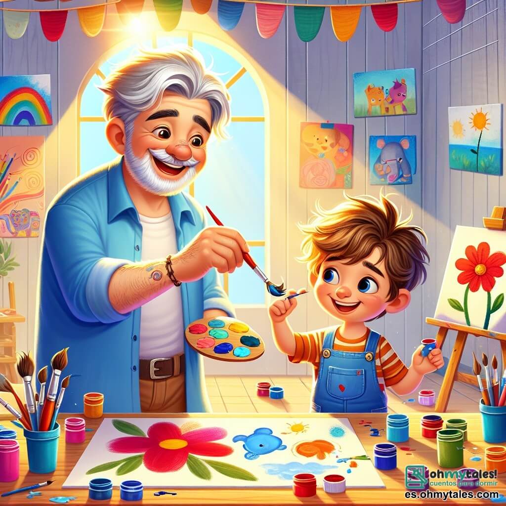 Un hombre mayor, el abuelo Tomás, con cabello gris y una barba suave, sonríe alegremente sosteniendo un pincel en su mano. Sus ojos brillan de felicidad mientras pinta una hermosa flor roja en un lienzo. A su lado, un niño de 6 años, Mateo, con cabello castaño desordenado y una camiseta azul, observa maravillado, sosteniendo un pincel lleno de pintura azul, listo para crear su propia obra. La escena tiene lugar en un taller luminoso, lleno de lienzos coloridos colgados en las paredes, botes de pintura brillantes y pinceles esparcidos sobre una gran mesa de madera. La luz del sol entra por una ventana, iluminando los colores vivos del taller. El abuelo y el nieto están pintando juntos, compartiendo risas y sonrisas, mientras Mateo crea una nube en forma de elefante en su lienzo. La atmósfera es alegre y creativa, llena de amor y complicidad.