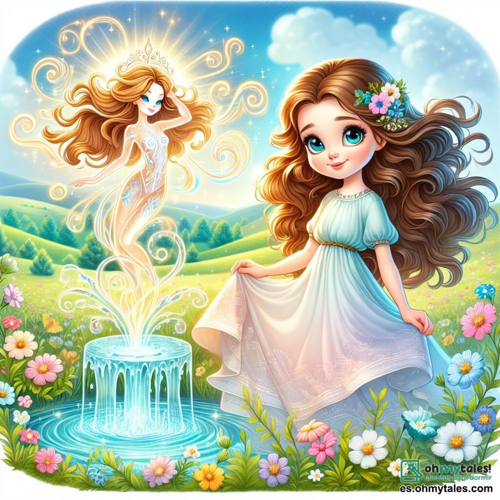 Clara, una joven de cabello largo y ondulado castaño, lleva un vestido ligero de tonos pastel que danza con el viento. Su rostro irradia curiosidad y alegría mientras se acerca a una fuente mágica, con los ojos abiertos de asombro. Junto a ella, la figura del agua, una criatura etérea de formas fluidas y brillantes, parece danzar sobre la fuente, rodeada de destellos de luz dorada. Tiene un aspecto femenino, con rasgos suaves y ojos brillantes, y sonríe a Clara, como si le revelara un secreto valioso. El lugar es un prado encantador, lleno de flores coloridas que cantan suavemente al ritmo de la brisa. Colinas verdes se dibujan en el horizonte, y un cielo azul brillante está salpicado de nubes esponjosas. La fuente, en el centro del prado, brilla con una luz cristalina, creando un espectáculo de ensueño. La escena principal muestra a Clara, maravillada, haciendo un deseo junto a la fuente mágica, mientras la figura del agua la observa con benevolencia. Las flores cantantes parecen danzar a su alrededor, añadiendo un toque de magia a este momento precioso.