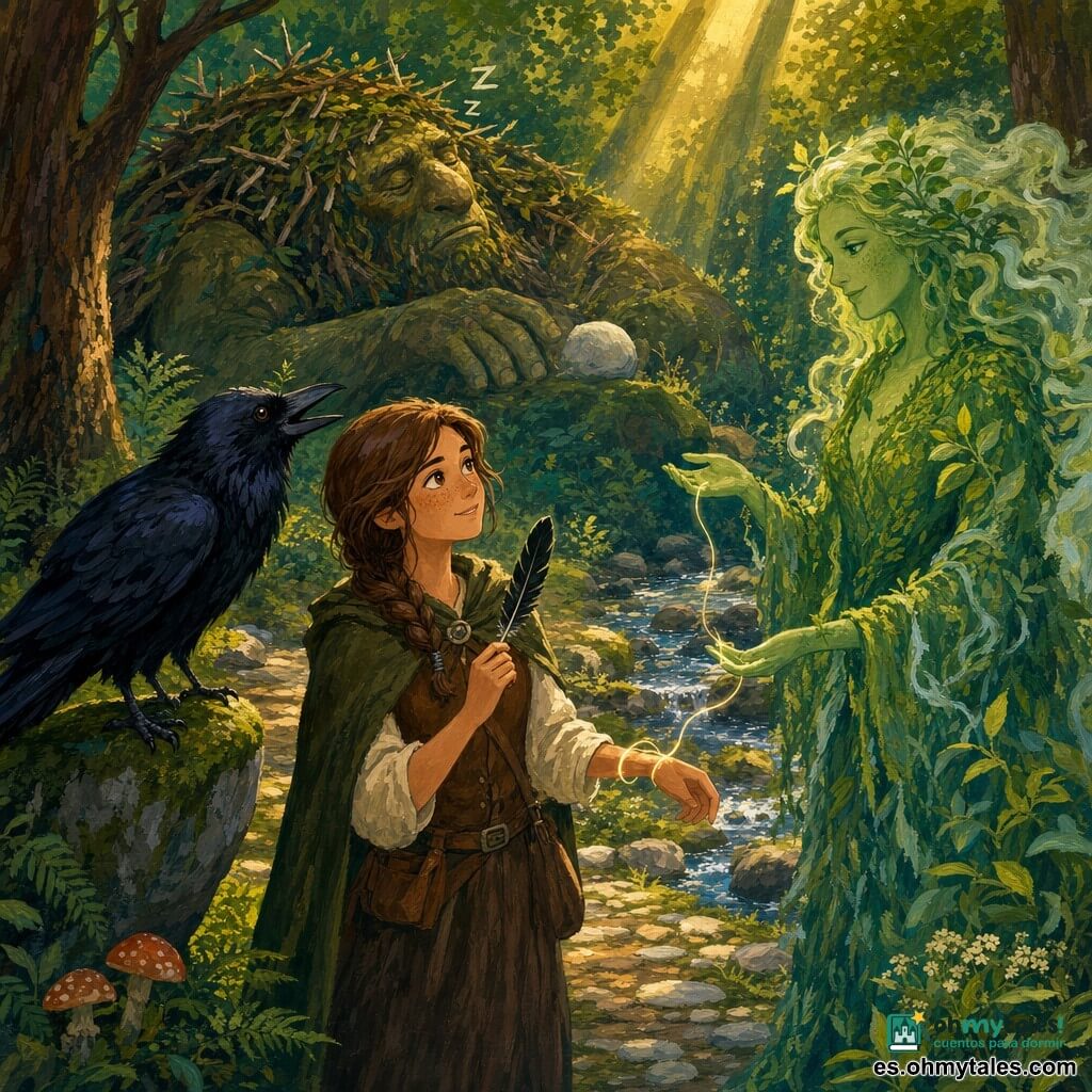 Ane, mujer tranquila y curiosa de rostro dulce con leves pecas, cabello castaño trenzado y ojos avellana, sostiene una pluma negra brillante; a la izquierda un gran cuervo de plumaje lustroso la observa desde una roca; al fondo, Mari, la Dama del Monte, alta y luminosa con piel verde musgo y cabellos de niebla y hojas, muestra con la palma abierta un hilo de luz que se enrosca en la muñeca de Ane; más atrás, un gigante dormido cubierto de ramas y hojas yace entre raíces con una piedra blanca junto a la mano; todo en una clara de bosque densa y mágica: troncos retorcidos, musgo vivo, helechos, rayos dorados, un sendero de piedras lisas y un arroyo que brilla como plata.