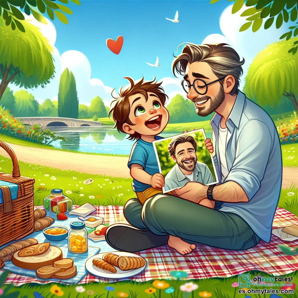 Un niño de 6 años, llamado Lucas, con cabello castaño desordenado y ojos brillantes de alegría, está sentado sobre una manta de picnic colorida, rodeado de deliciosos bocadillos. Sonríe ampliamente, sosteniendo una foto antigua de su padre en sus manos, con su rostro radiante de emoción y amor. A su lado, su padre, un hombre de unos 30 años, con una ligera barba y gafas, está sentado en posición de loto, riendo y admirando la foto que Lucas le muestra. Lleva una camiseta casual y pantalones cortos, y su mirada está llena de ternura y orgullo. El entorno es un parque verde, con árboles majestuosos, un cielo azul claro con algunas nubes blancas esponjosas, y un estanque cercano donde nadan patos. Flores coloridas bordean el camino, añadiendo un toque de magia al ambiente. La escena principal muestra a Lucas y su padre compartiendo un momento alegre durante un picnic por el Día del Padre, con Lucas presentando orgullosamente la foto de su joven papá, mientras ríen juntos, rodeados de la belleza de la naturaleza.