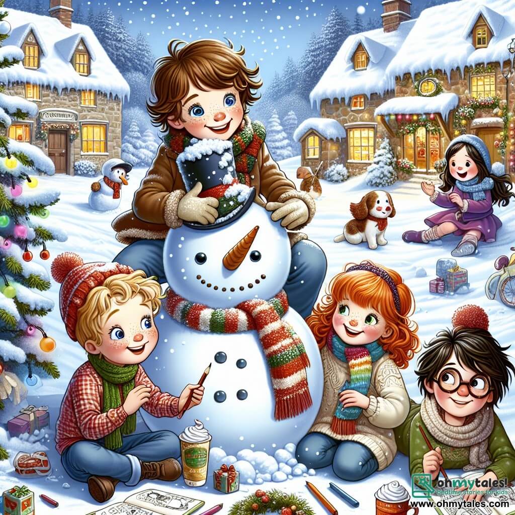 In a charming snowy village, five children are joyfully gathered around a large snowman. Max, an 11-year-old boy with messy brown hair and sparkling blue eyes, stands on the left, draping a red scarf around the snowman's neck. Next to him, Lily, a girl with curly red hair and bright green eyes, smiles while holding colorful garlands. 

A little further away, Sam, a boy with brown hair and glasses, is focused on a notebook, while Emma, a girl with black hair and sunglasses, sketches the snowman with a big smile. Lastly, a fifth child, a little boy named Tom, watches in awe, wide-eyed, holding a steaming cup of hot chocolate.

The setting is a picturesque village with snow-covered houses, twinkling lights hanging from trees, and a large shining star above the central square. Snow blankets the ground, creating a sparkling white carpet, while snowflakes gently fall from the sky.

The main scene shows the children preparing the snowman for the New Year's celebration, filled with excitement and joy, ready to celebrate together under a starry sky, with fireworks beginning to light up the horizon.