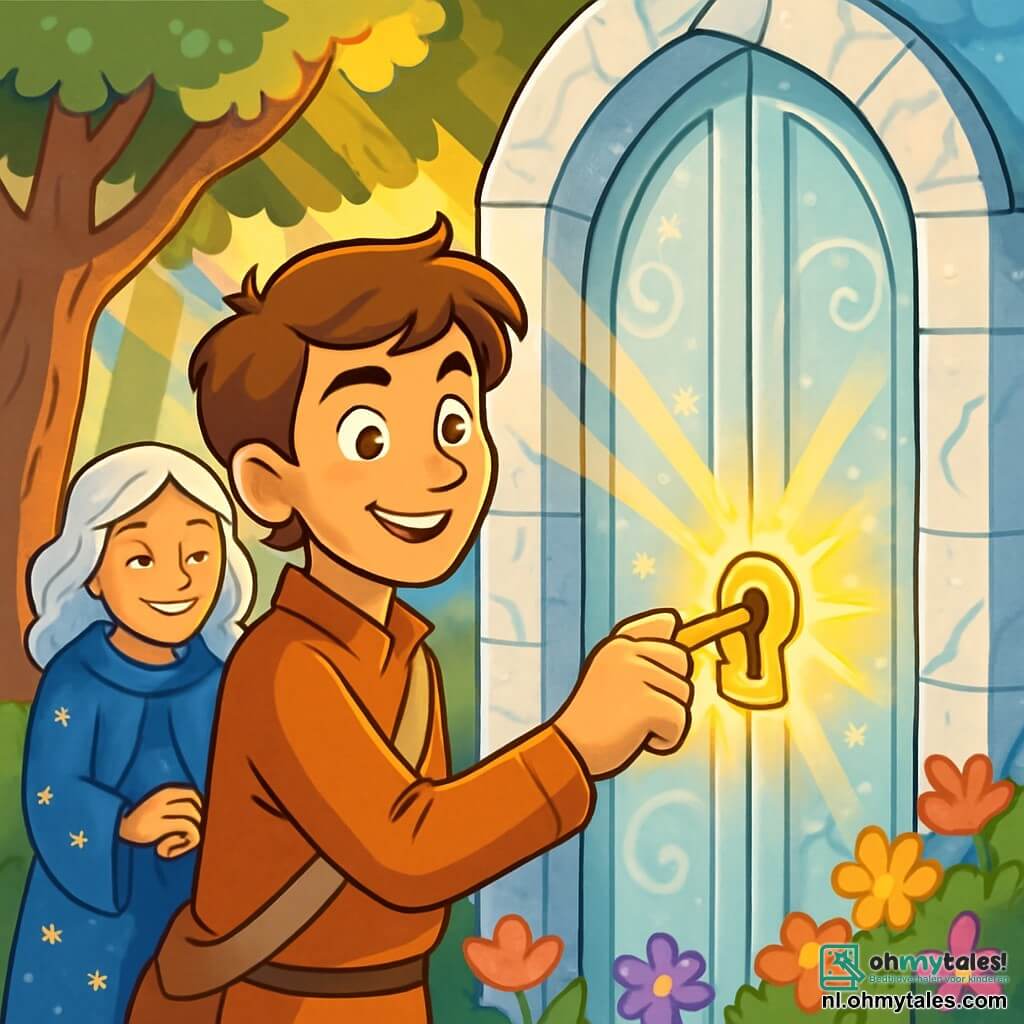 Frederik, een jonge man met kastanjebruin haar en nieuwsgierige ogen, staat moedig voor de majestueuze Poort van het Echo. Zijn gezicht straalt vastberadenheid uit, met een lichte glimlach die zijn hoop verraadt. Naast hem staat een wijze oude vrouw met zilverachtig haar en een jurk versierd met sterrenmotieven, die hem vriendelijk observeert. De omgeving is betoverend: de Poort van het Echo is gemaakt van glinsterend marmer, omringd door kleurrijke bloemen die dansen in de wind. Gouden lichtstralen filteren door de takken van majestueuze bomen, wat een magische en warme sfeer creëert. Frederik steekt een gouden sleutel in het slot van de deur, klaar om zijn koninkrijk uit de duisternis te bevrijden. Lichtstralen beginnen uit het slot te stralen, verlichten zijn gezicht en onthullen de hoop op een stralende toekomst.