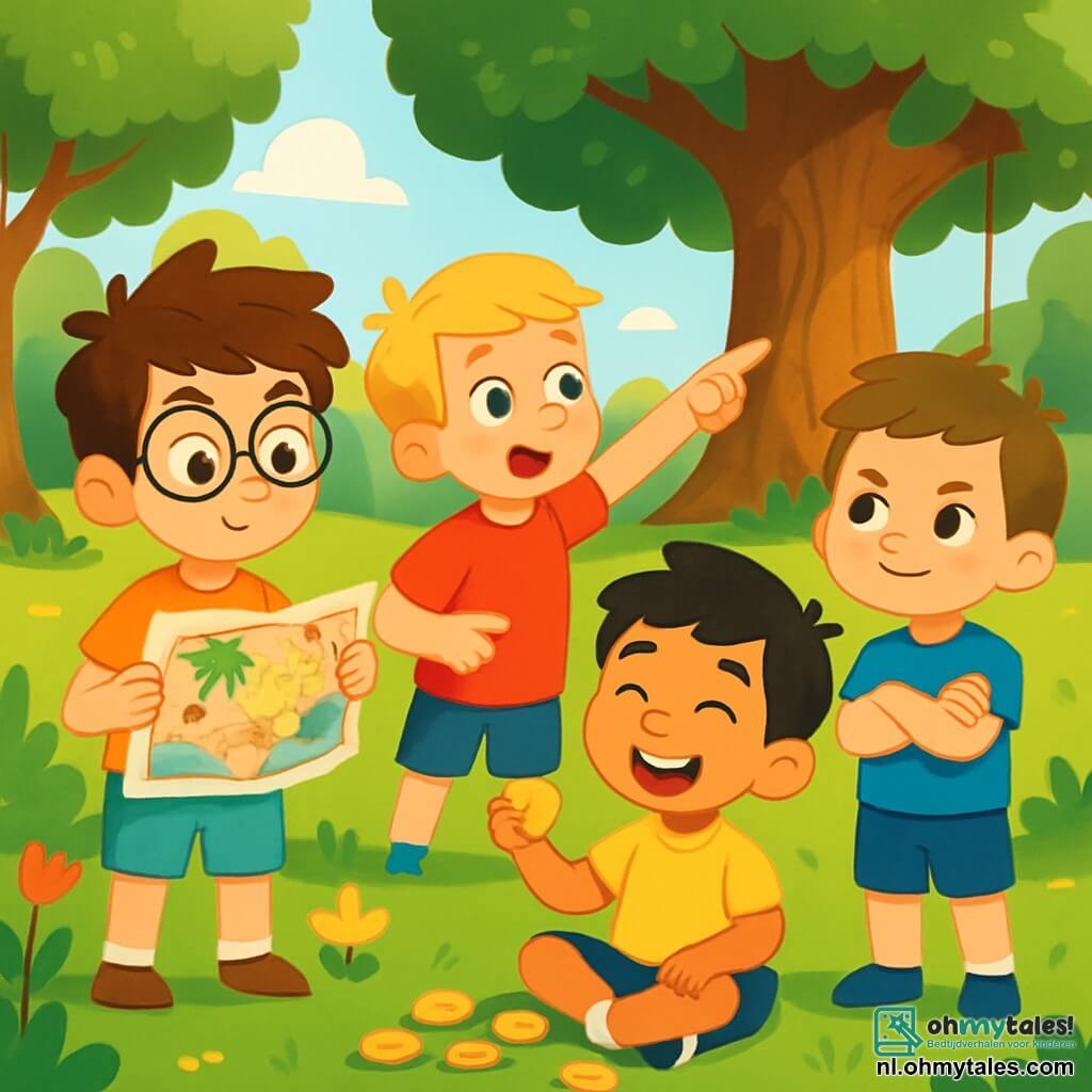 Er zijn 4 kinderen: - Sam: een 8-jarig jongetje met rommelig bruin haar en ronde bril. Hij houdt een oude gekleurde kaart in zijn handen en kijkt nieuwsgierig. - Finn: een 7-jarig jongetje met blond haar en een rode t-shirt. Hij wijst naar een majestueuze grote eik aan de achterkant van het park. - Hugo: een 8-jarig jongetje met zwart haar en een stralende glimlach. Hij zit op het gras, omringd door kleine koekjes, klaar om te delen met zijn vrienden. - Bram: een 7-jarig jongetje met kastanjebruin haar en een blauwe short. Hij staat met gekruiste armen en een vastberaden uitdrukking, klaar om op avontuur te gaan. De locatie is een groen park, vol grote loofbomen, kleurrijke bloemen en een zachte zonneschijn die door de takken filtert. In de verte is een grote houten ladder en een schommel die zachtjes heen en weer zwaait. De belangrijkste situatie toont de vier vrienden, opgewonden en nieuwsgierig, die zich voorbereiden om op zoek te gaan naar een mysterieuze schat, met de kaart in de hand, klaar om het park vol verrassingen te verkennen.