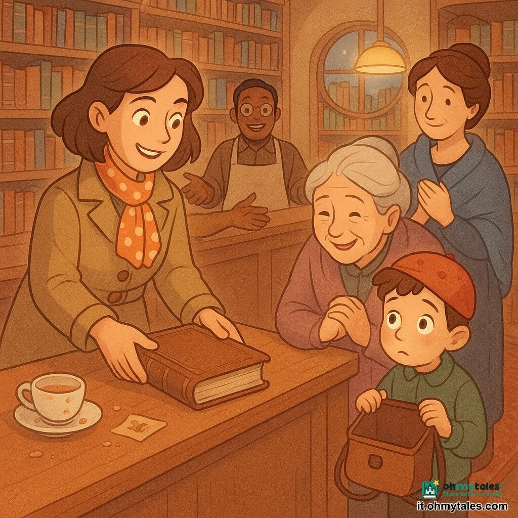Viola, detective donna dal viso attento e sorridente, sguardo brillante e postura sicura, con un corto cappotto kaki e sciarpa a pois tiene un taccuino aperto e posa delicatamente un vecchio libro rilegato sul bancone; un bambino di circa 7 anni con un piccolo cappello rosso macchiato di marmellata, occhi grandi e timidi, tiene la sua borsetta aperta e osserva dalla destra del bancone; una nonna di circa 70 anni dal volto dolce e rughe gioiose, capelli grigi raccolti in uno chignon, si china verso il libro con le mani giunte; la signora Elena, donna riservata sui 50 anni con capelli castani raccolti e un grande scialle blu, sta indietro emozionata e sorridente con le mani sul petto; il bibliotecario Marco, uomo sui 40 anni con occhiali tondi e grembiule, è dietro il bancone con le braccia aperte in gesto di sollievo; la sala è calda e accogliente con scaffali in legno marrone pieni di libri, lampade gialle sospese, tappeto rosso consumato e una tavola con una tazza di tè macchiata di marmellata e un piccolo segnalibro con uno scoiattolo, scena principale: Viola restituisce il libro antico al bancone in un momento di ritrovo e gioia tranquilla, espressioni tenere e luce crepuscolare che entra da una finestra rotonda, dettagli visibili ma discreti come copertina consumata, angoli stropicciati, briciole sulla tavola e disegni di ricette su una pagina aperta; stile grafico: linee morbide, colori caldi e pastello, texture di carta e legno marcate, atmosfera cosy e rassicurante.