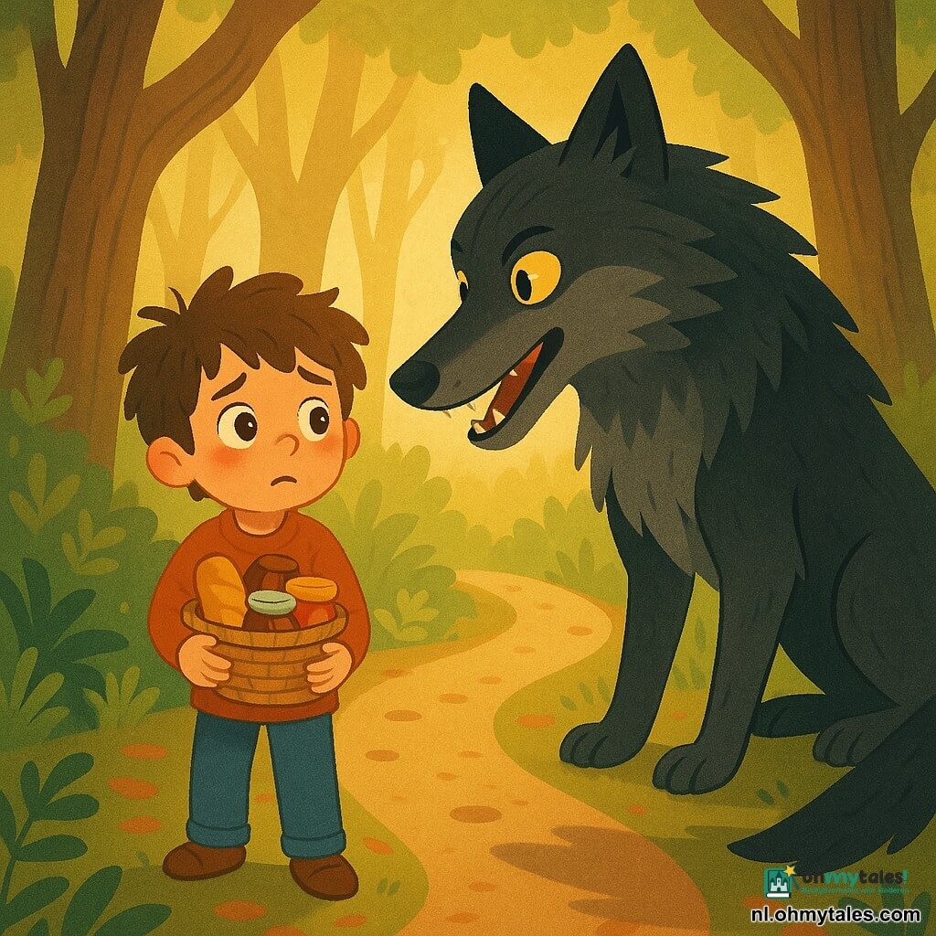 Jonas, een 6-jarige jongen met een rond gezicht, warrig bruin haar en grote hazelnootogen vol bezorgdheid, houdt een klein rieten mandje met brood en confituur tegen zijn borst; een grote donkere wolf met helder gele ogen en bijna zwartgrijze vacht met zilveren strepen toont scherpe tanden maar blijft stil en buigt zich naar de jongen alsof hij spreekt, enkele passen verder op het pad; de scène speelt zich af in een dicht onderbos met hoge, kromme stammen, groene varens en tapijten van bruine bladeren en gouden zonnestralen die doorbreken — een gespannen, mysterieuze maar niet angstaanjagende ontmoeting, warme kleuren en sterke contrasten.