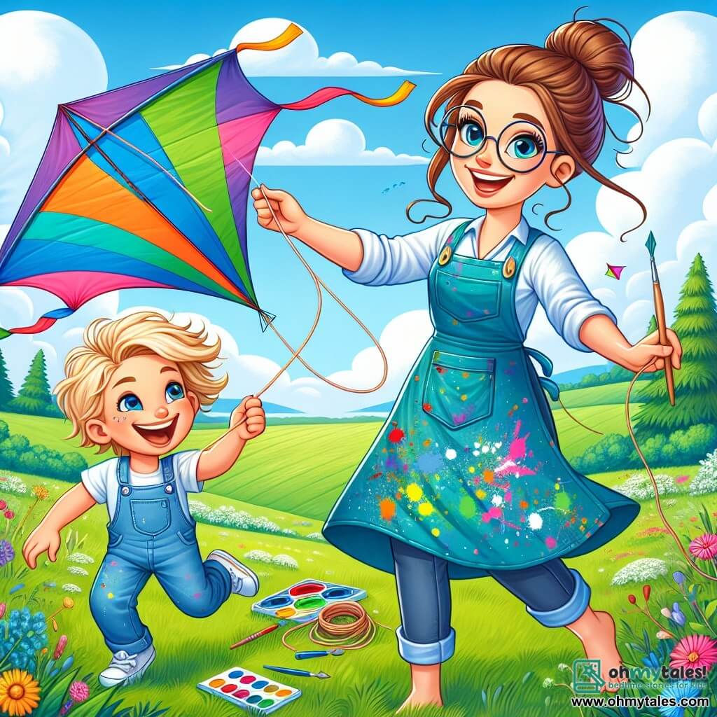Mia, a cheerful woman in her thirties with long brown hair in a bun and round glasses, is holding a beautiful colorful kite, her face shining with excitement and pride. She wears a blue work blouse covered in paint stains and comfortable pants. Next to her, Timmy, a six-year-old boy with tousled blonde hair and sparkling eyes, jumps for joy, his wide smile showing his enthusiasm. He wears a red t-shirt and denim shorts, holding a piece of string to help fly the kite. The scene takes place in a large green field under a bright blue sky dotted with fluffy white clouds. Colorful flowers dot the ground, and in the distance, majestic trees sway gently in the breeze. Mia and Timmy are ready to fly the kite they made together, watching it soar into the sky, embodying joy, creativity, invention, and friendship.