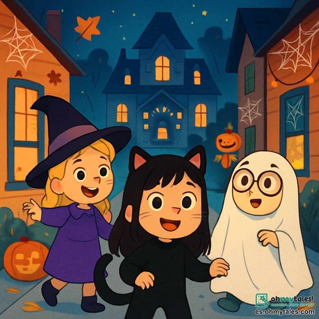 Hay 3 personajes: - Clara: una niña de 6 años, con largos cabellos castaños y ojos brillantes. Lleva un disfraz de gato negro con orejas puntiagudas y una cola. Está en el centro, sonriente y curiosa. - Lucía: una niña de 6 años, con trenzas rubias y una cara alegre. Está disfrazada de bruja, con un sombrero negro y un vestido violeta. Está a la izquierda de Clara, señalando hacia la casa misteriosa. - Marta: una niña de 6 años, con cabello castaño y gafas redondas. Está vestida de fantasma, con una sábana blanca y ojos dibujados en la tela. Está a la derecha de Clara, mirando con asombro la casa. El lugar es una calle de Halloween, bordeada de casas decoradas con luces naranjas y telarañas. Calabazas iluminadas sonríen en cada puerta, y hojas de otoño giran en el aire fresco de la noche. Al fondo, una gran casa misteriosa, adornada con linternas brillantes y un espantapájaros, emite un aura mágica. La situación principal muestra a las tres amigas acercándose a la casa misteriosa, con sus rostros iluminados por la curiosidad y la emoción. Clara, con una mirada decidida, avanza valientemente, mientras Lucía y Marta intercambian sonrisas cómplices, listas para descubrir la magia de esta noche de Halloween.