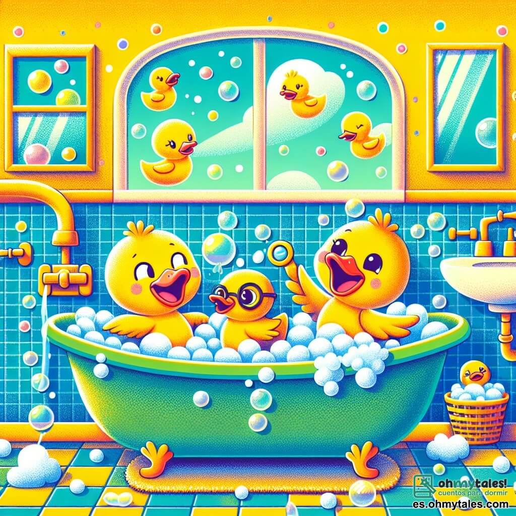 Un pequeño pato amarillo, Tato, con una gran sonrisa traviesa y ojos brillantes, se desliza en una bañera llena de burbujas de jabón, salpicando agua a su alrededor. A su lado, su hermana, Lía, un pato rosa con plumas suaves y brillantes, ríe a carcajadas, con las alas levantadas, sosteniendo un patito de goma amarillo con gafas. Pipo, el pato azul, está en el borde de la bañera, con una mirada divertida y un pequeño silbato en forma de nuez en su ala, listo para cronometrar la carrera de sus juguetes. El lugar es un baño luminoso y colorido, con paredes decoradas con dibujos de patos y burbujas, un suelo de baldosas que brilla bajo la luz, y un espejo empañado por el vapor. La situación principal muestra a los tres patos en plena competencia de chapoteo, salpicando agua y riendo juntos, creando un ambiente alegre y lúdico.