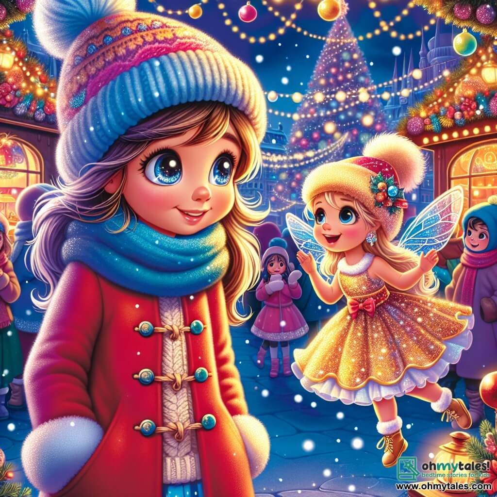 A 10-year-old girl named Molly stands at the center of the scene, her eyes shining with curiosity and a big, amazed smile. She wears a bright red coat, a blue wool scarf, and a pom-pom hat, while snowflakes gently fall around her. Next to her, a small fairy with sparkling wings, about 5 years old, joyfully flies, wearing a golden sequined dress and a Christmas hat. She smiles at Molly, showing her the different directions to take in the market. The setting is a magical Christmas market, filled with colorful stalls decorated with fairy lights, sparkling trees, and floating lanterns. Children laugh and play, while a large Christmas tree adorned with shiny ornaments and garlands stands majestically in the background. Molly, lost but fascinated, listens attentively to the fairy, who offers to help her find her family by showing her the enchanting paths of the market.