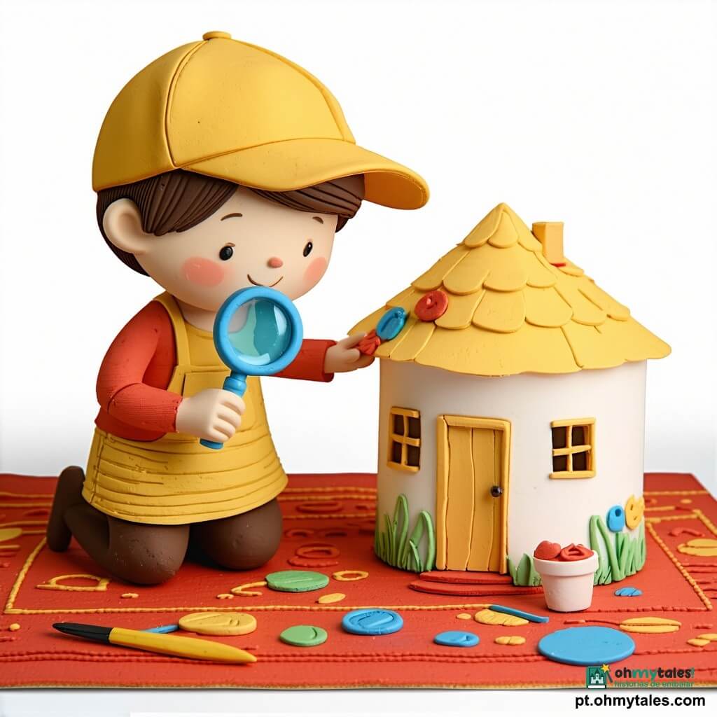 Um menino de 4 anos, rosto redondo e bochechas rosadas, olhar curioso e sorriso tímido, com chapéu de tecido amarelo e uma pequena lupa azul na mão direita, ajoelhado num grande tapete vermelho olhando para uma casinha de papel; um amigo de cerca de 6 anos, cabelo castanho desgrenhado, mãos cobertas de tinta e chapéu de papel, em pé atrás da casinha fazendo um gesto de surpresa e alegria; uma mãe de cabelo preso em coque e vestido florido segura uma bandeja de biscoitos ao fundo perto de uma porta aberta; um gato cinza com bigodes tingidos de giz rosa está junto ao menino mais novo com olhar malicioso; cena numa sala acolhedora com paredes pintadas de nuvens brancas e janela com cortina leve deixando entrar sol suave; situação principal: descoberta de uma caça ao tesouro — uma trilha de giz rosa leva à casinha de papel com setas e pequenas pegadas visíveis, ambiente alegre e curioso, cores vivas e formas arredondadas.