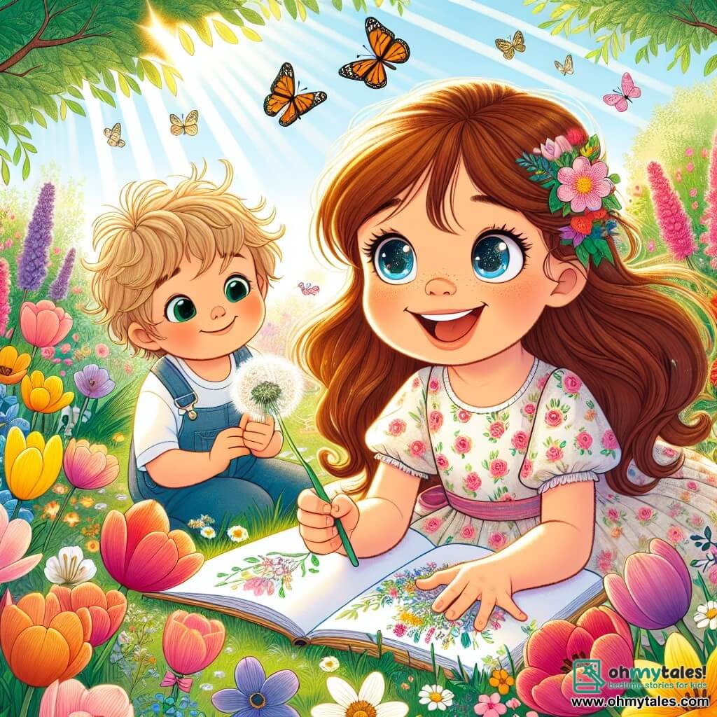 A 10-year-old girl with long brown hair and sparkling curious eyes is sitting in a colorful garden surrounded by vibrant flowers. She wears a light floral dress and has a big smile on her face, expressing joy and wonder. Next to her, her 4-year-old little brother Timmy, with messy blonde hair and an expression of innocent fascination, holds a dandelion in his hand, looking at his sister with admiration. The garden is a true spring tableau, filled with tulips, daffodils, and butterflies fluttering in the warm sunny air. Sun rays filter through the tree branches, creating dancing shadows on the ground. The main scene shows Emily and Timmy discovering the wonders of the garden, with Emily drawing flowers in her notebook while Timmy explores in awe, adding a touch of magic to this spring moment.