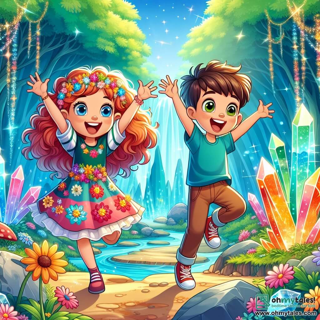 Two main characters are present: an 8-year-old girl named Lily, with bouncy curly red hair and a colorful flower-embellished dress, and an 8-year-old boy named Max, with shiny brown hair and a blue t-shirt, smiling joyfully. Lily stands on the left with her arms raised in excitement, while Max is on the right, jumping for joy with a big smile. They are in a magical forest, where tall majestic trees have leaves shimmering in a thousand colors under the sun, and multicolored flowers dance in the wind. A crystal-clear stream winds through the landscape, adding a touch of magic to the environment. The main scene shows Lily and Max discovering a beautiful cave filled with shining crystals, with a golden glow illuminating their amazed faces. They are about to touch the magic crystal that can grant wishes, surrounded by the shimmering aura of the forest's magic.