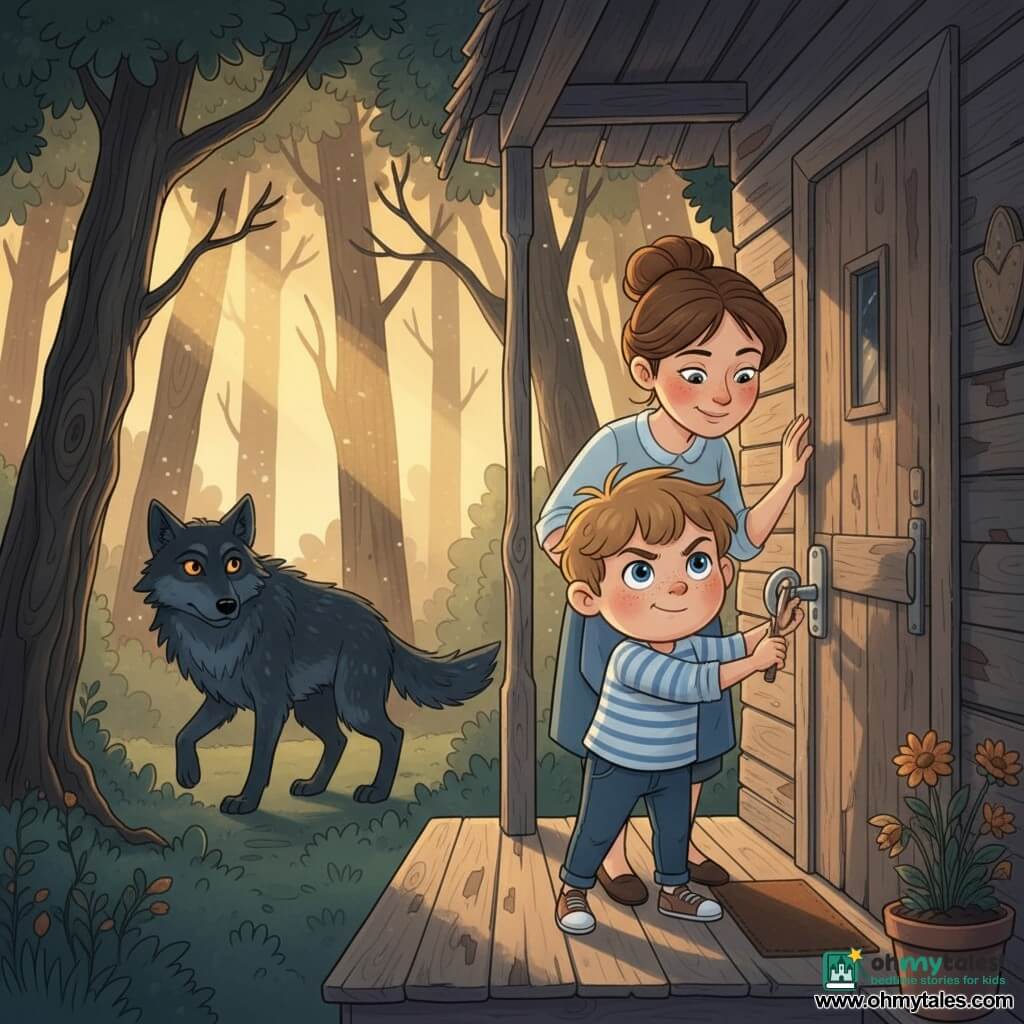 An 8-year-old boy with a round freckled face and messy light-brown hair stands on tiptoe with a determined, proud expression pulling a shiny metal latch to close an old wooden door; behind him in the doorway his mother, about 35, hair in a bun, offers a tender smile and reassuring gaze with one hand on the frame, slightly leaning toward him; at the edge of the woods a dark silhouette of the big bad wolf with a pointed muzzle, amber lantern-like eyes and textured gray-blue fur retreats into the trees; the scene is on a weathered wooden cottage porch with peeling paint and a wilted flowerpot, tall gnarled trees and dense foliage beyond, sunset rays filtering in golden bands, a tense moment turned to courage as warm porch light contrasts with the cold shadowed woods.
