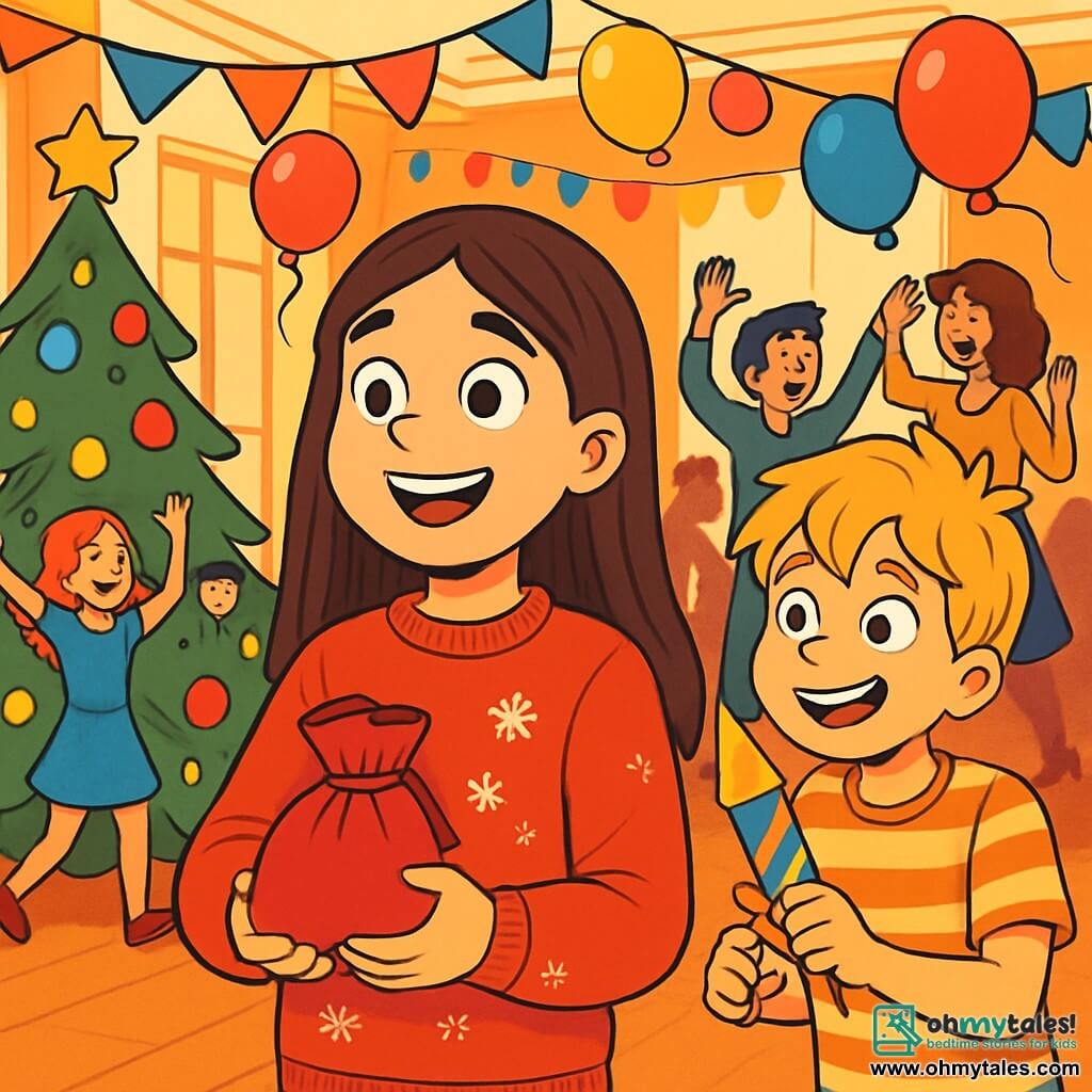 A 12-year-old girl with long brown hair and sparkling curious eyes stands at the center of the scene, a big smile lighting up her face. She wears a bright red sweater adorned with snowflakes and holds a small velvet pouch in her hand, looking around with excitement and joy. Next to her, a 10-year-old boy with messy blonde hair and a striped t-shirt fidgets impatiently, holding a paper firework ready to launch. In the background, a festive living room is decorated with sparkling garlands and colorful balloons, with a large illuminated Christmas tree in one corner. The room is filled with laughter and music, and friends and neighbors dance joyfully, creating a warm and lively party atmosphere. The main situation shows the girl discovering a mysterious wish pouch, surrounded by her friends, all eager to celebrate the New Year together.
