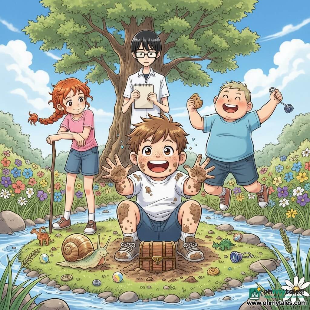 A group of children by a stream: a freckled 10-year-old boy with tousled brown hair crouches, hands in the dirt and covered in mud, while a tall, thin 10-year-old boy with square glasses and straight black hair (Felix) stands behind him holding a sketchbook, a 9–10-year-old redheaded girl with a rebellious braid (Lily) leans on a small stick watching boldly, and a chubby 10-year-old boy with a half-eaten cookie (Max) jumps for joy holding a shiny yo-yo; a large pearlescent-shelled snail (Sir Snail) sits proudly on a small mound near a recently dug-up treasure box with scattered shiny trinkets (marbles, button, toy dinosaur, yo-yo) amid wildflowers, tall grass, smooth stones and a twisted oak under a clear sky, everyone surprised and delighted.