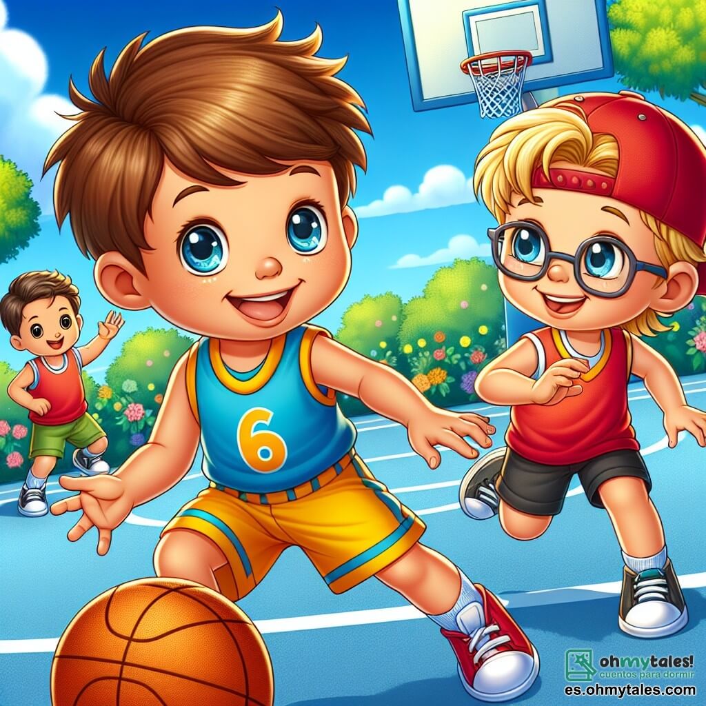 Un niño de 6 años, llamado Mateo, con cabello castaño desordenado y una gran sonrisa, dribla una pelota de baloncesto en una hermosa cancha soleada. Lleva una camiseta azul brillante y pantalones cortos amarillos, y sus ojos brillan de emoción y determinación. A su lado, Lucas, también de 6 años, con cabello rubio y gafas, observa atentamente la pelota, listo para recibir un pase. Viste una camiseta roja y pantalones cortos negros, mostrando una expresión de creciente confianza. Al fondo, el entrenador Pedro, un hombre de unos treinta años con una gorra roja y una sonrisa cálida, anima a los niños desde el borde de la cancha. La escena se desarrolla en una hermosa cancha de baloncesto, rodeada de árboles verdes y flores coloridas, bajo un cielo azul claro. Mateo pasa la pelota a Lucas, y ambos se preparan para anotar un tiro decisivo, ilustrando el espíritu de equipo y la amistad que los une.