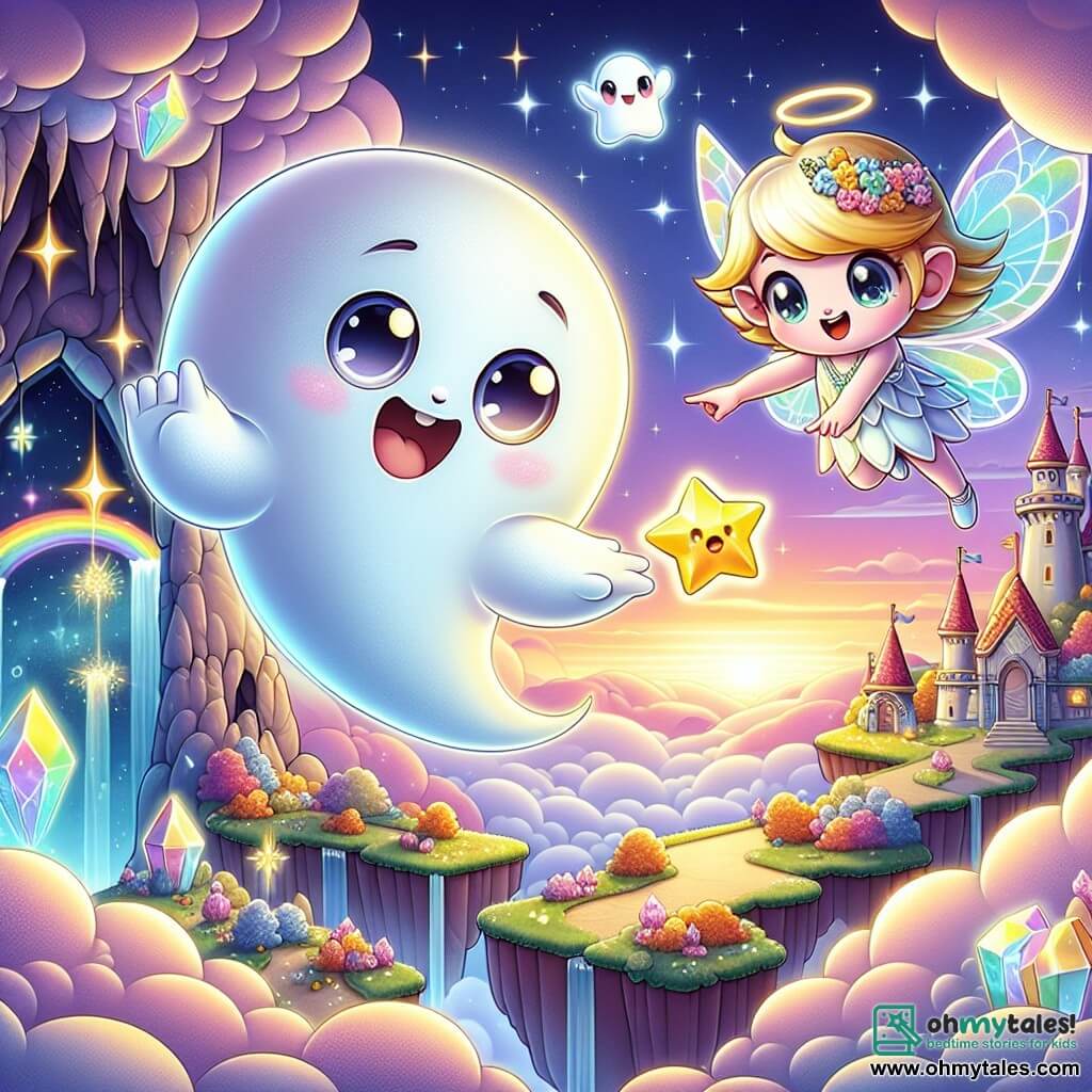 A friendly ghost named Whisper floats in the air, with a soft, translucent appearance, emitting a sparkling glow. His large round eyes express excitement and curiosity as he reaches for a shining crystal. Next to him, a small fairy named Twinkle, with sparkling wings and golden hair, joyfully smiles while flying around Whisper. She wears a dress made of colorful flower petals and seems ready to assist him in his quest. The setting is a magnificent floating kingdom, Skytopia, filled with fluffy clouds and rainbow bridges, featuring floating islands dotted with glowing flowers and shimmering trees. In the background, a pink and gold gradient sky heralds the sunset. The main scene shows Whisper and Twinkle discovering the Star Crystal, a giant crystal radiating light, at the heart of the mysterious Cave of Dreams, surrounded by shimmering walls reflecting the magic of their adventure.