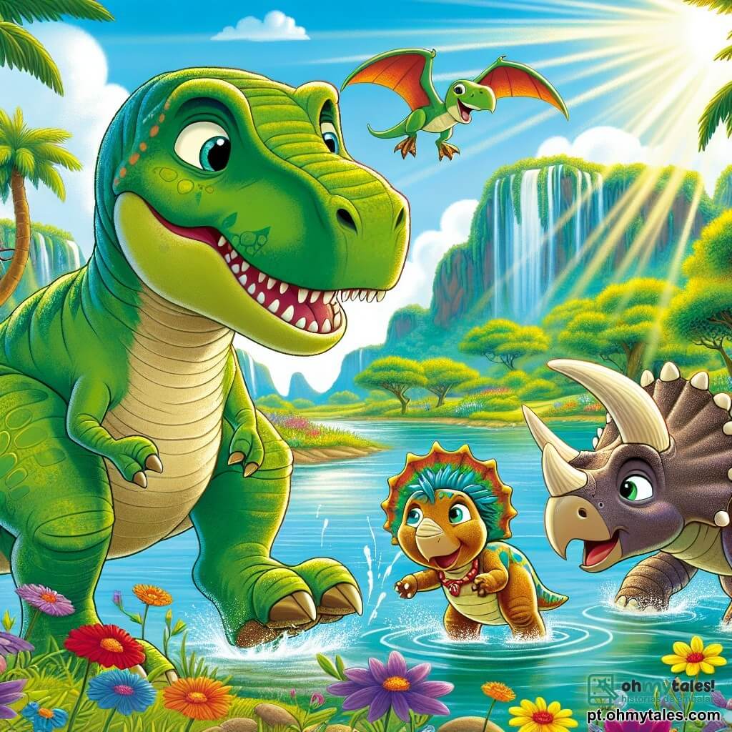 Um Tyrannossauro Rex chamado Tico, com pele verde brilhante e olhos curiosos, está alegremente à beira de uma lagoa magnífica, com suas grandes patas dianteiras levemente levantadas, pronto para mergulhar na água. Ao seu lado, um Tricerátops chamado Tina, com chifres majestosos e pele bege, sorri olhando para Tico, seus olhos brilhando de excitação enquanto se aproxima da água. Um pequeno Pterodáctilo chamado Pipo, com asas coloridas e um bico sorridente, voa acima deles, adicionando um toque de magia à cena. A lagoa é cercada por flores vibrantes que dançam ao vento, e raios de sol filtram-se através das árvores majestosas, criando uma atmosfera encantada. Tico e seus amigos estão se divertindo juntos, prontos para mergulhar na água cintilante, cheios de alegria e aventura.
