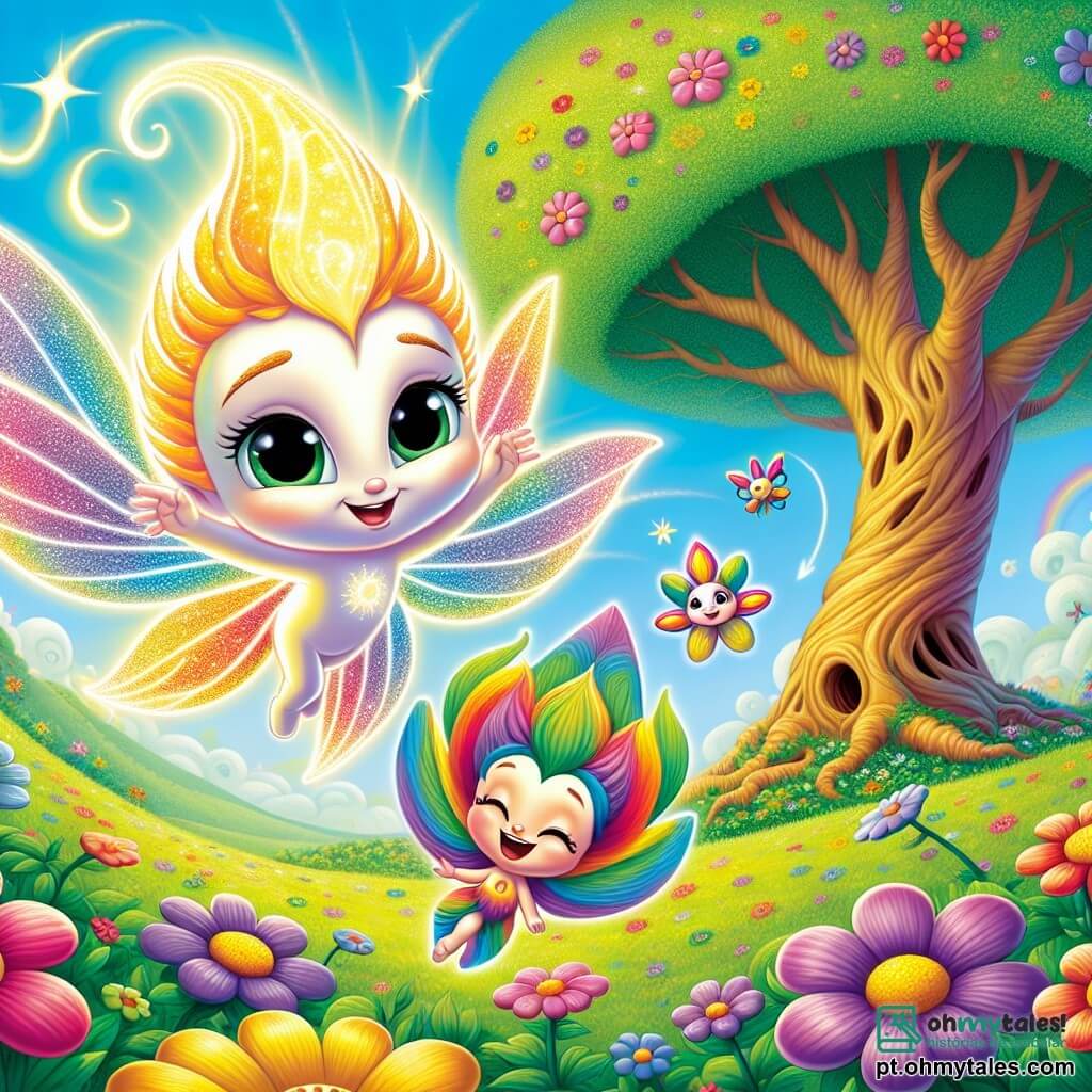Lumy, um pequeno ser luminoso com um corpo cintilante como o sol e asas delicadas em forma de pétalas, voa alegremente sobre um campo de flores coloridas, seu rosto radiante de curiosidade e admiração. Ao seu lado, uma borboleta colorida, com asas de padrões vibrantes, dança no ar, exibindo um sorriso amigável e uma expressão de excitação, enquanto lhe mostra o caminho para uma árvore majestosa. A árvore, com seu tronco largo e folhas verdinhas, ergue-se no centro de uma clareira banhada de luz, cercada por flores que parecem rir e nuvens dançantes em um céu azul brilhante. Nessa cena, Lumy e a borboleta descobrem juntos o Reino das Ideias, onde a magia do conhecimento e da amizade ganha vida, e onde cada elemento da natureza parece incentivá-los a explorar e aprender.