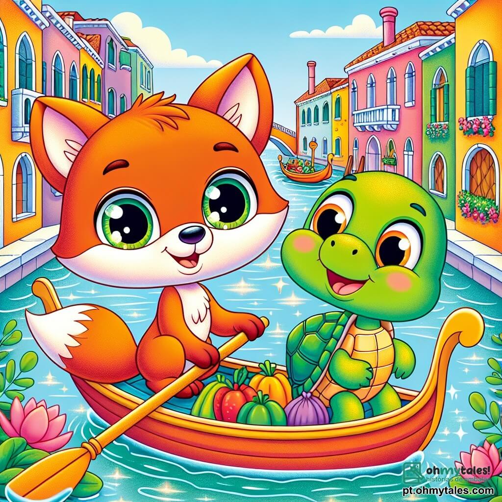Um pequeno raposo chamado Rufi, com pelagem laranja vibrante e olhos curiosos, está em uma gôndola colorida, sorrindo, maravilhado com a beleza da cidade de Veneza. Ao seu lado, sua melhor amiga, uma tartaruga chamada Tati, com uma carapaça verde e olhos suaves, observa ao redor com um ar alegre, segurando uma pequena bolsa cheia de legumes. Ao fundo, os canais cintilantes de Veneza são cercados por casas de fachadas pastel, e flores coloridas flutuam na superfície da água. Rufi e Tati navegam pelo canal, cercados de gôndolas, enquanto um pato amigável os acompanha, todos rindo e aproveitando a aventura juntos.