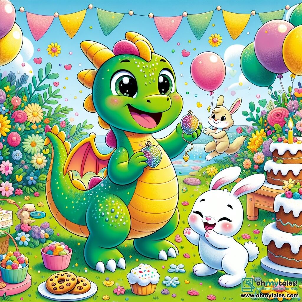 A small dragon named Danny, with shiny green scales and sparkling wings, smiles joyfully while holding a shimmering pendant in his tiny paws. He is surrounded by his friends, including Benny the Rabbit, an adorable bunny with large white ears, who jumps for joy with cookies in his paws, and Mama Dragon, a large gentle dragoness with pink scales, who has tears of happiness in her eyes. They are in a sunny park filled with colorful flowers, floating balloons, and a large cake decorated with cream and fruits. The scene is festive and joyful, with laughter and smiles everywhere. Danny and his friends are preparing a surprise for Mother's Day, celebrating love and friendship in a warm and colorful atmosphere.